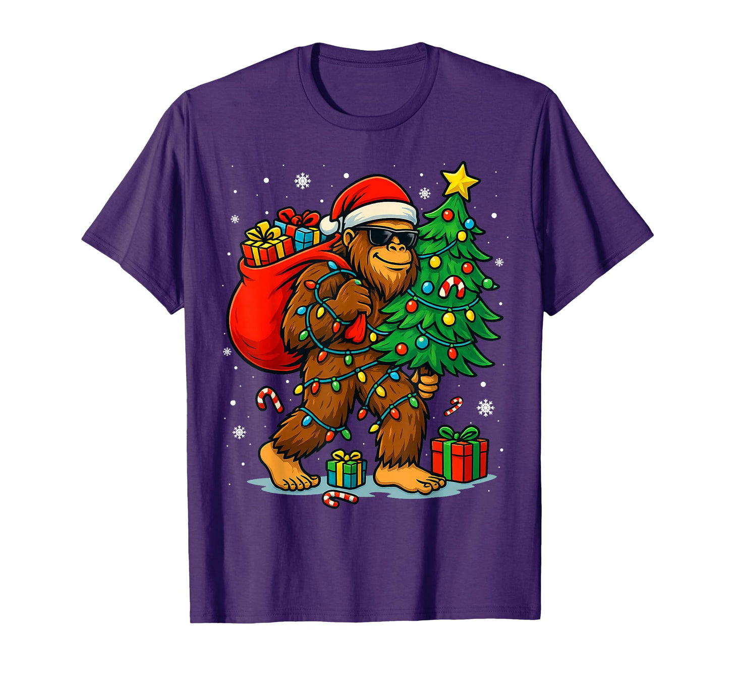 Santa Bigfoot Christmas Tree Lights Xmas Boys Men Sasquatch T-Shirt