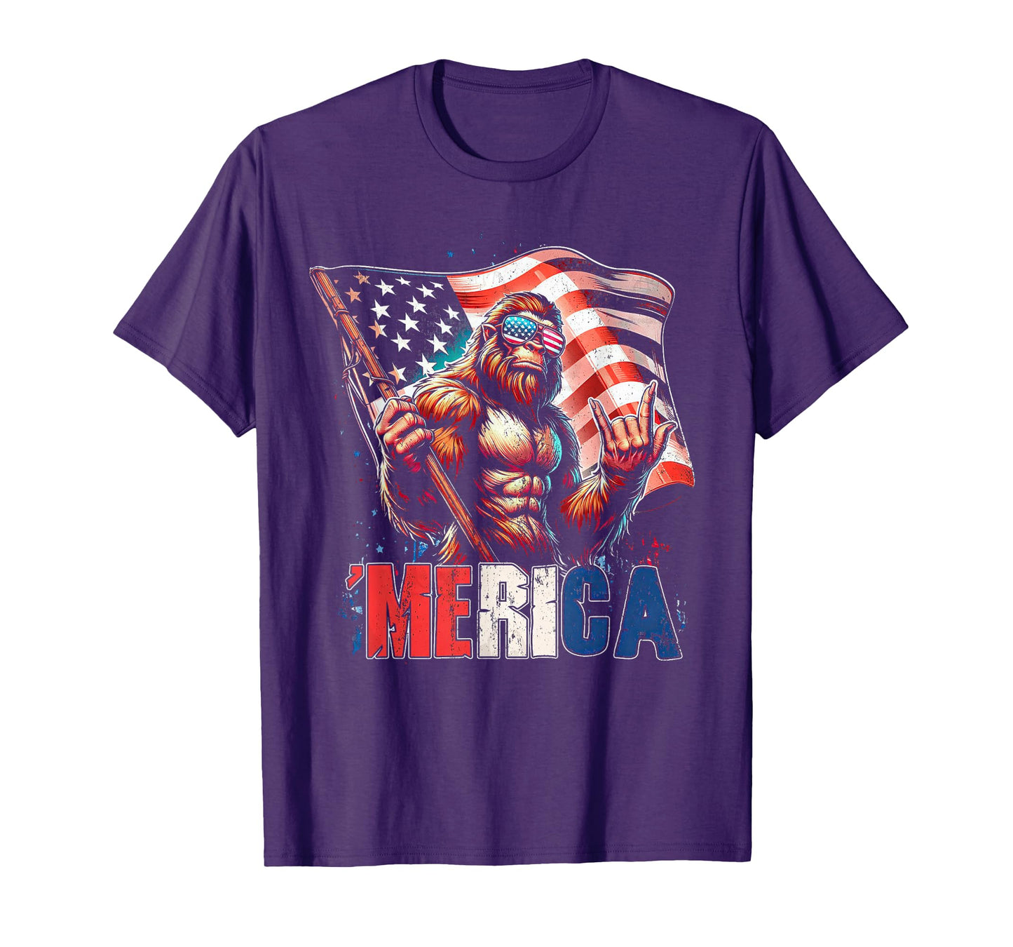 Bigfoot Merica Rock American Flag Patriotic 4th Of July T-Shirt