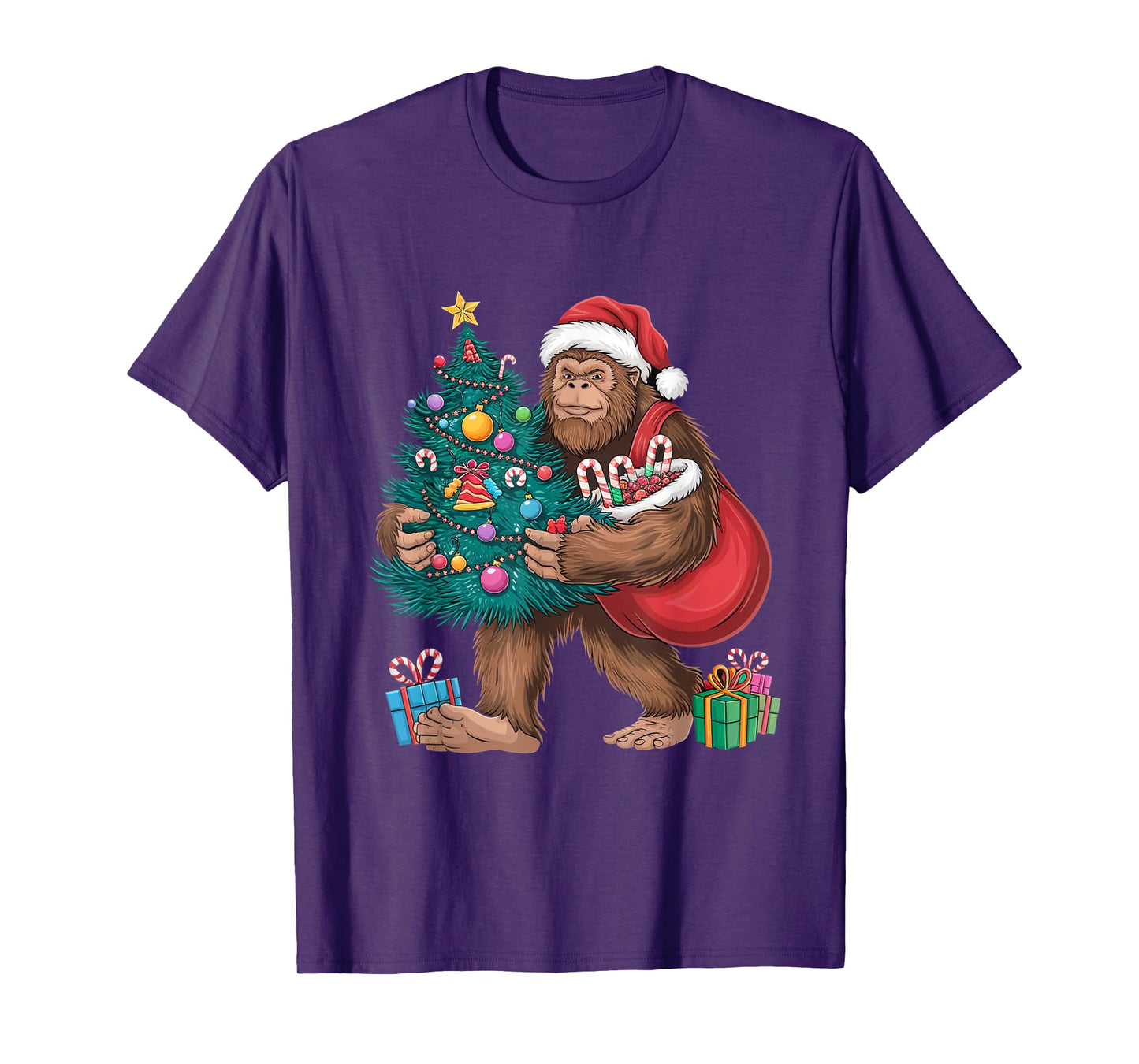 Santa Bigfoot Christmas Tree Lights Xmas Sasquatch Lovers T-Shirt
