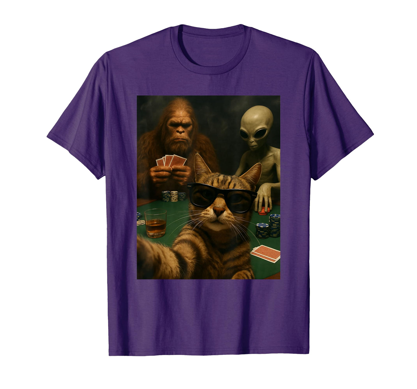 Cat Poker Selfie Bigfoot & Alien Playing Cards Funny T-Shirt