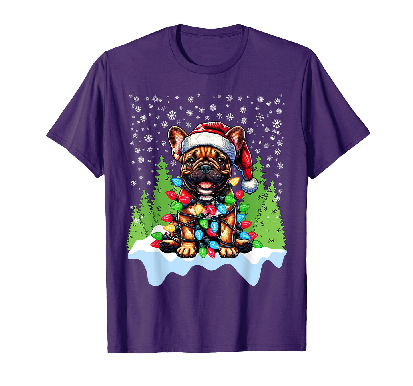 French Bulldog Christmas Santa Hat Lights Tree Snowflakes T-Shirt
