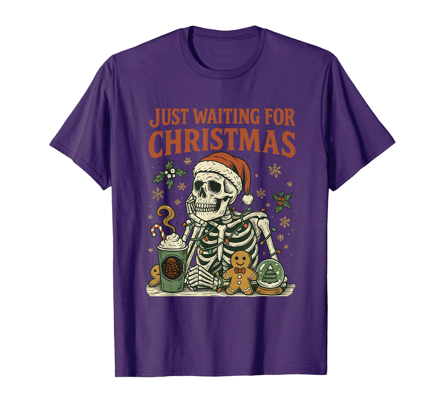 Vintage Xmas Holiday Just Waiting for Christmas Skeleton T-Shirt