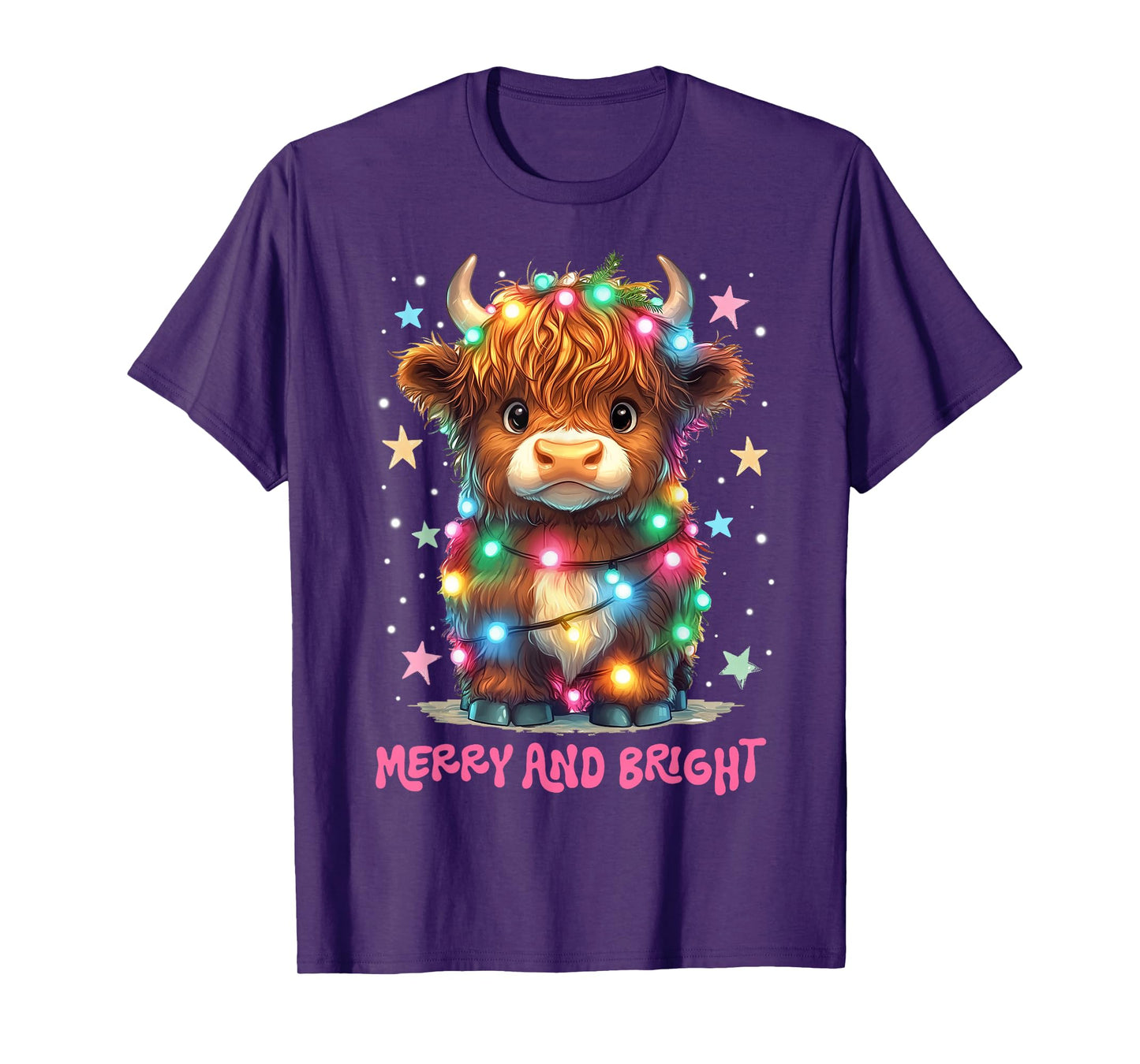 Merry And Bright Cute Highland Cow Christmas Xmas Lights T-Shirt