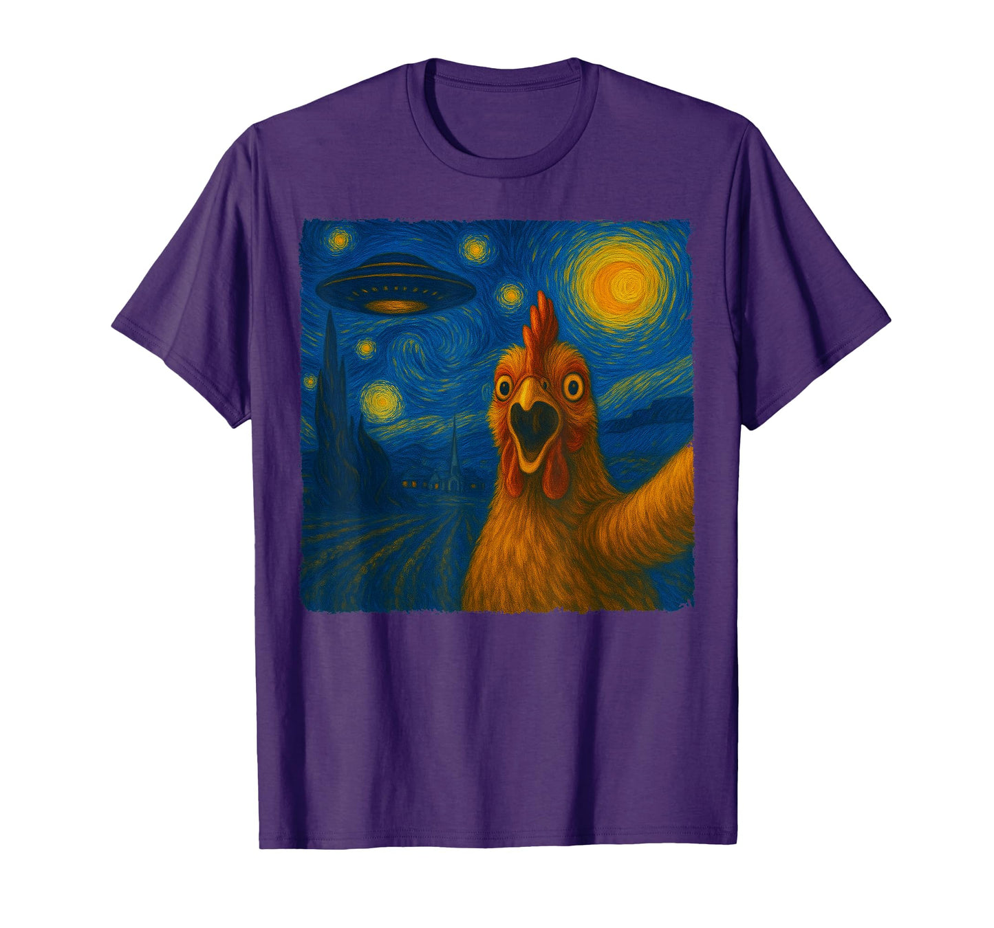 Chicken Selfie with UFO Starry Night Van Gogh Men Women Kid T-Shirt