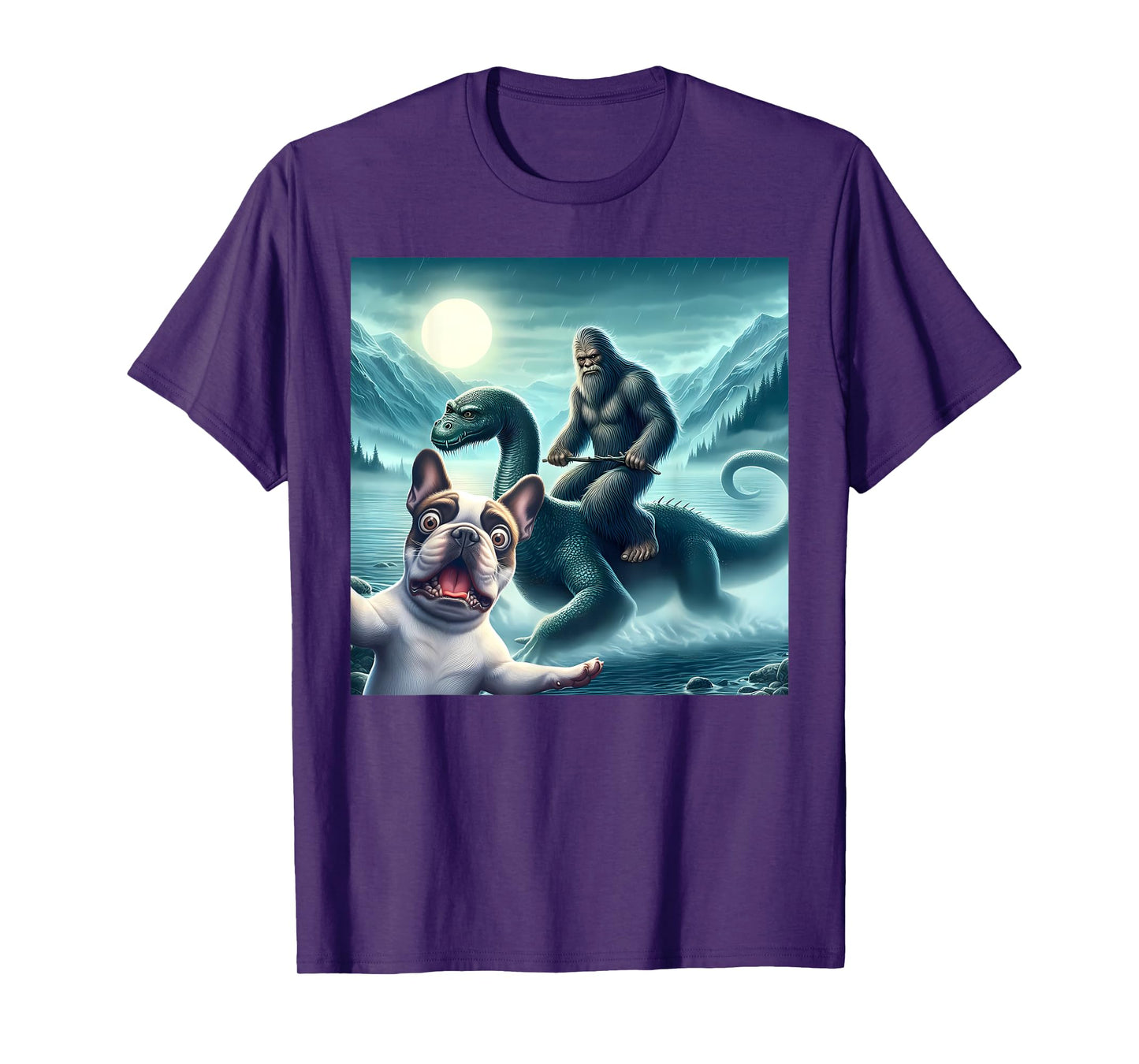 French bulldog Selfie with bigfoot riding loch Ness T-Shirt