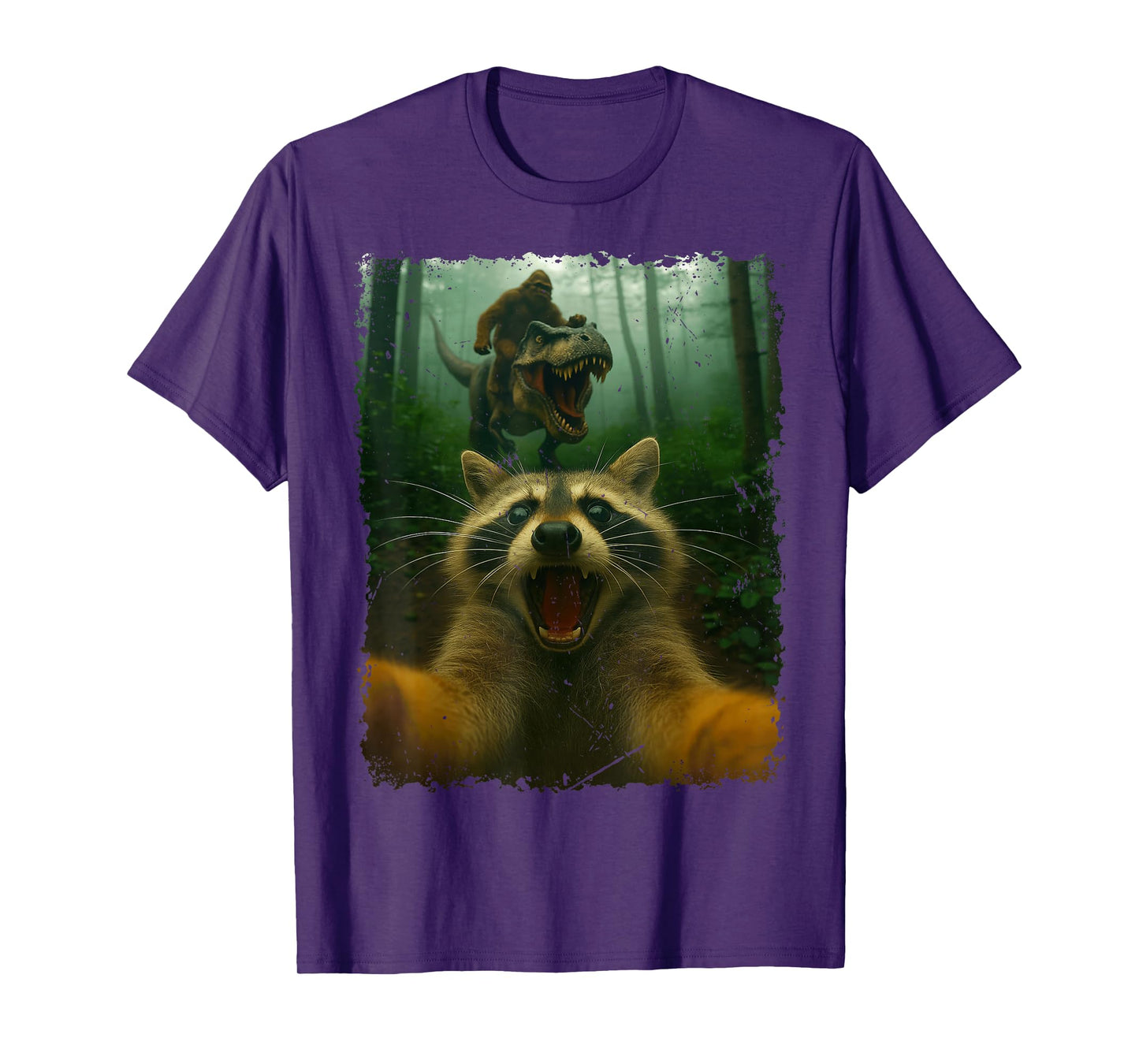 Funny Raccoon Selfie with T-Rex Dinosaur and Bigfoot T-Shirt