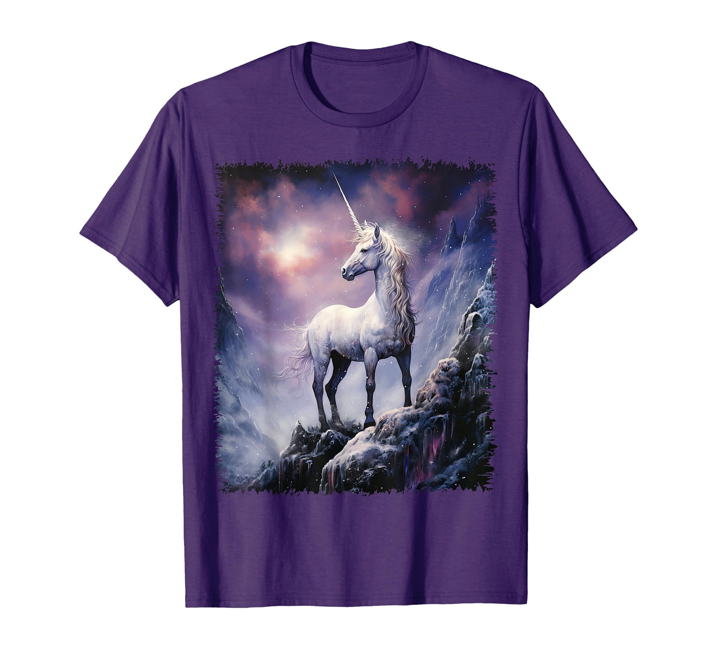 Fantasy white Unicorn standing on the snowy hill T-Shirt