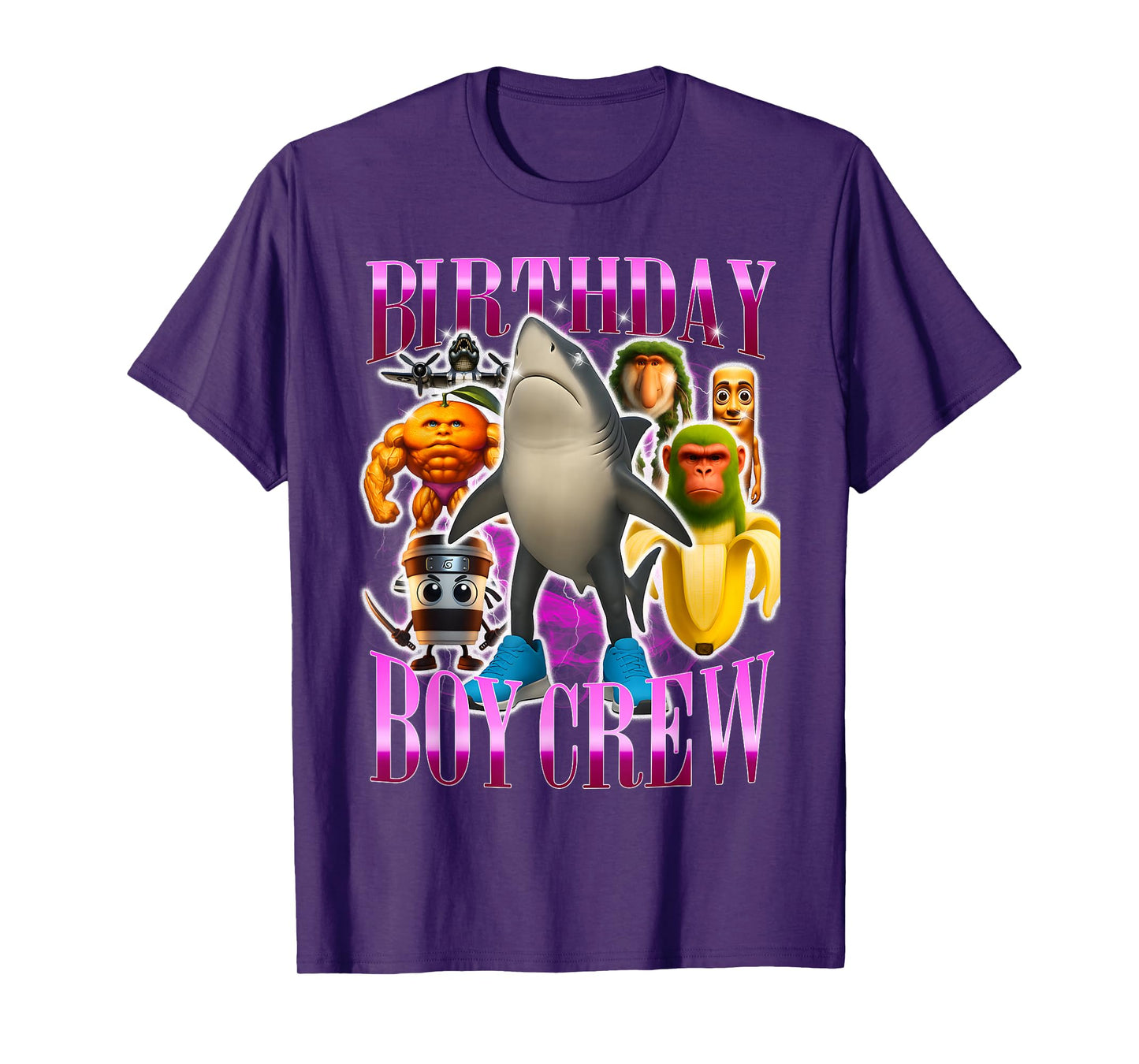 Birthday Crew Funny Italian Brainrot Meme Shark Monkey T-Shirt