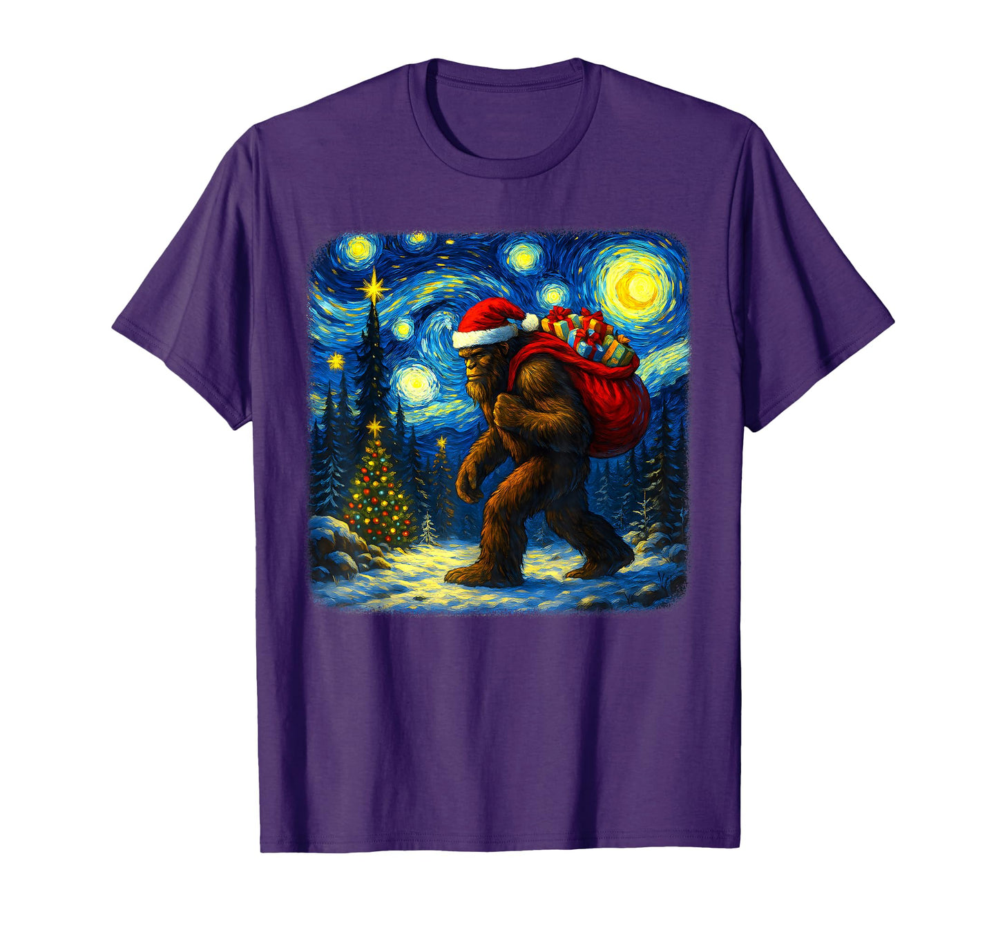 Bigfoot Santa Christmas Starry Night Sasquatch Van Gogh Art T-Shirt