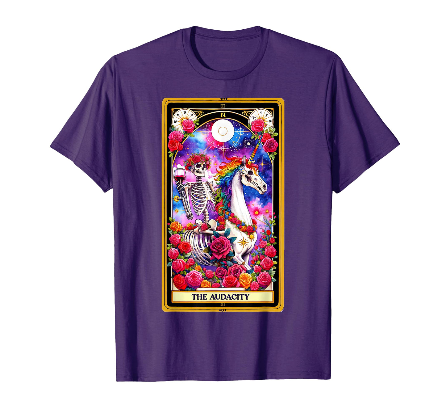 The Audacity Tarot Card Skeleton Skelly Unicorn Wine Women T-Shirt