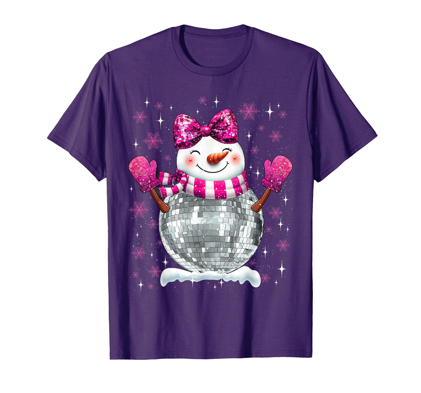 Cute Snowman Disco Ball Christmas Coquette Bow Women Girls T-Shirt