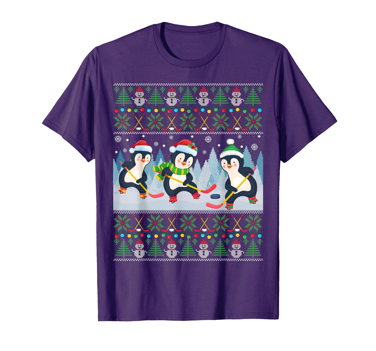 Penguin Playing Hockey Ugly Christmas Sweater Penguin Santa T-Shirt