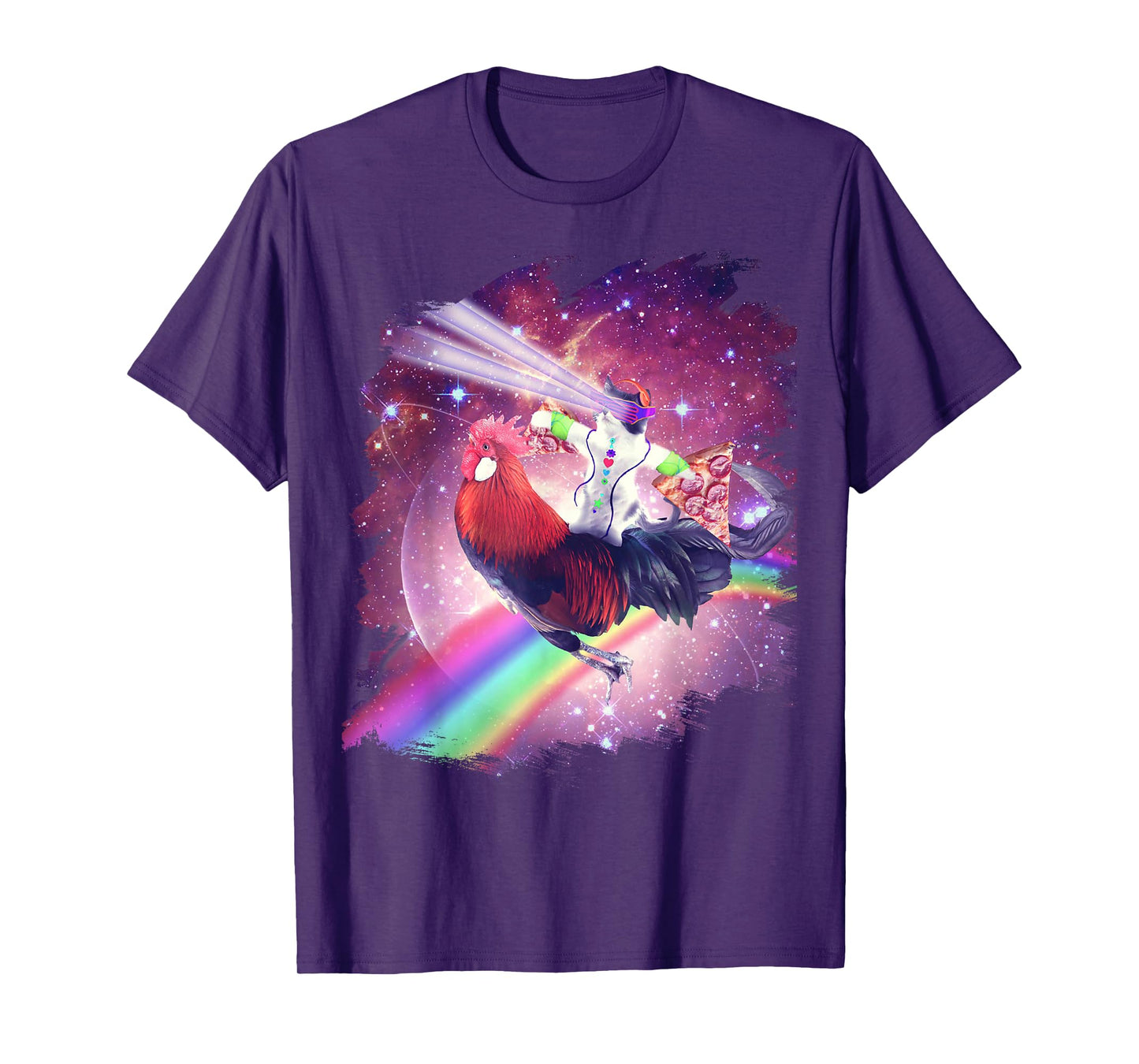 Lazer Rave Space Cat Riding Chicken With Pizza T-Shirt