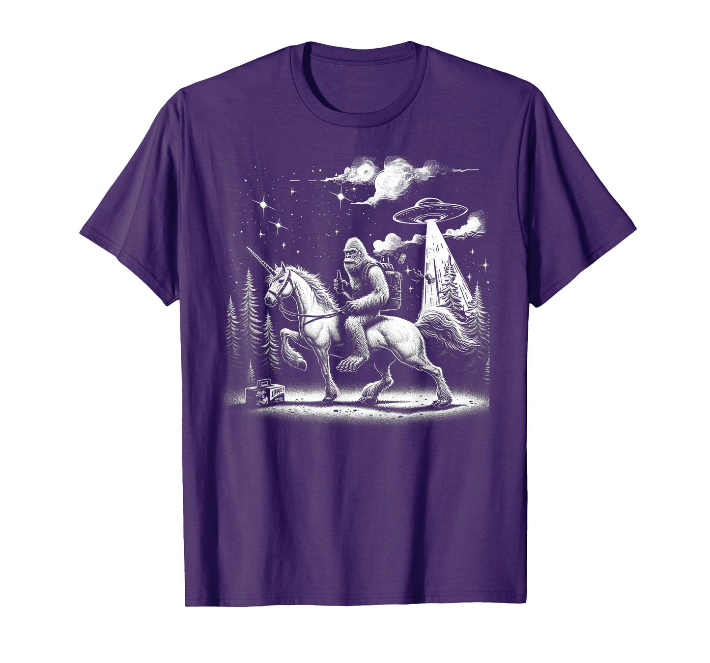 Bigfoot Riding a Unicorn, Full Moon and a UFO Alien T-Shirt