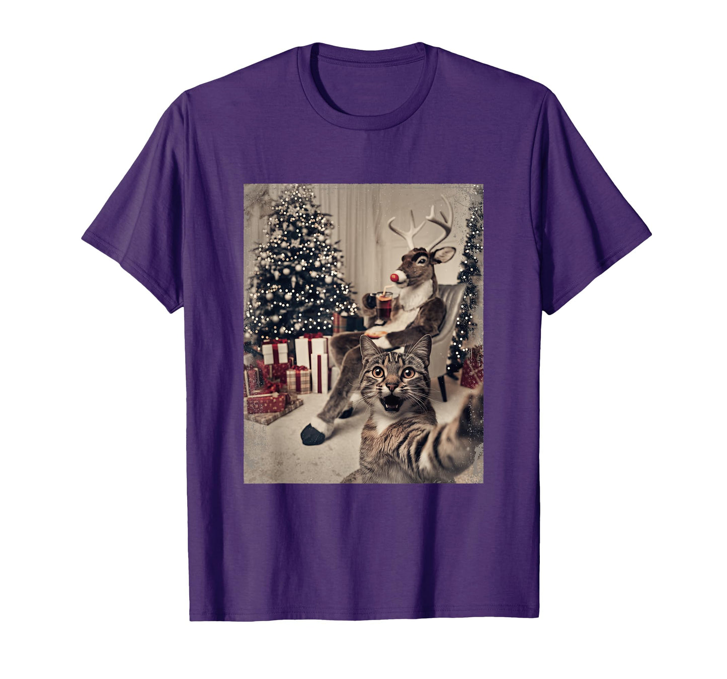 Funny Xmas Cat Selfie Reindeer Ugly Sweater Christmas Outfit T-Shirt