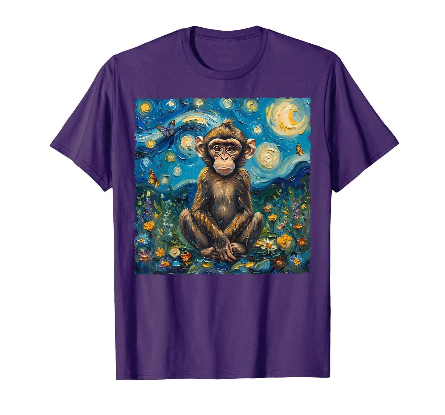 Van Gogh's Starry Night Style Earth Day Monkey Wildlife Art T-Shirt