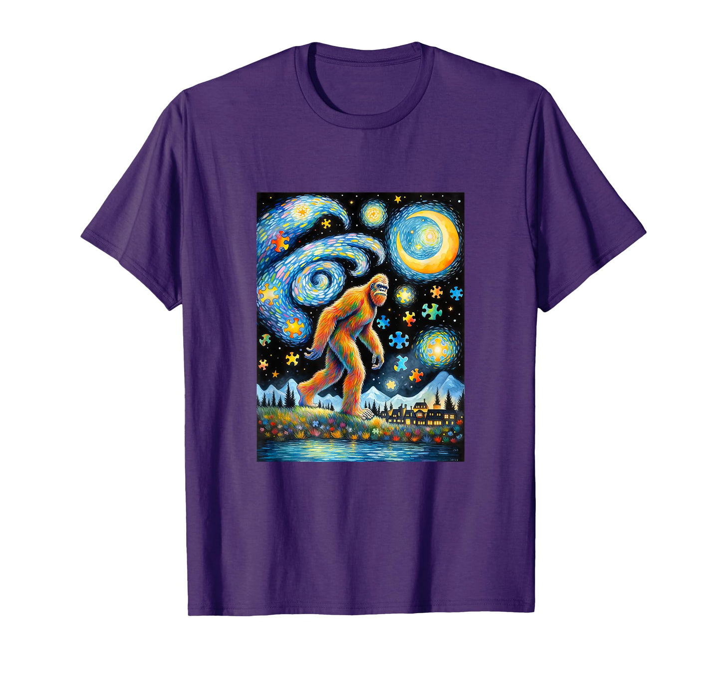 Bigfoot Autism Awareness Sasquatch Starry Night Van Gogh T-Shirt