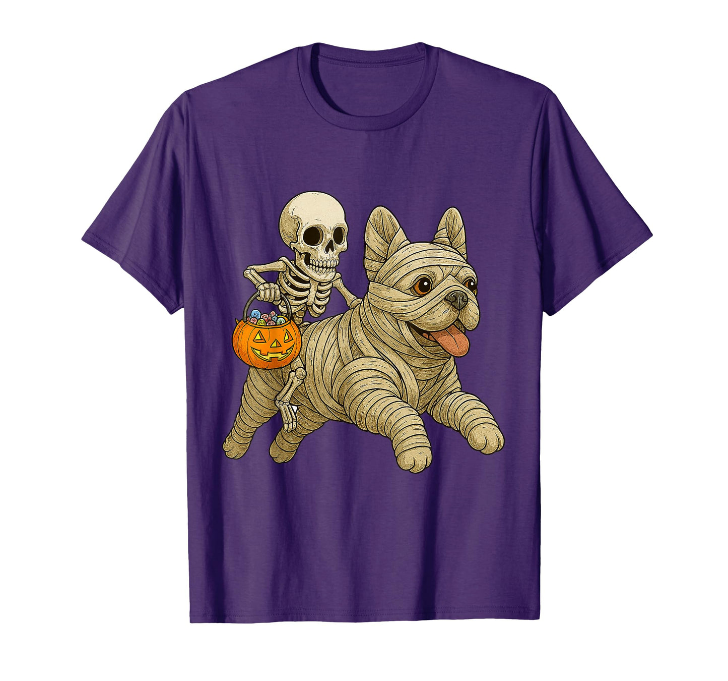 Skeleton Riding Mummy French Bulldog Dog Halloween Funny T-Shirt