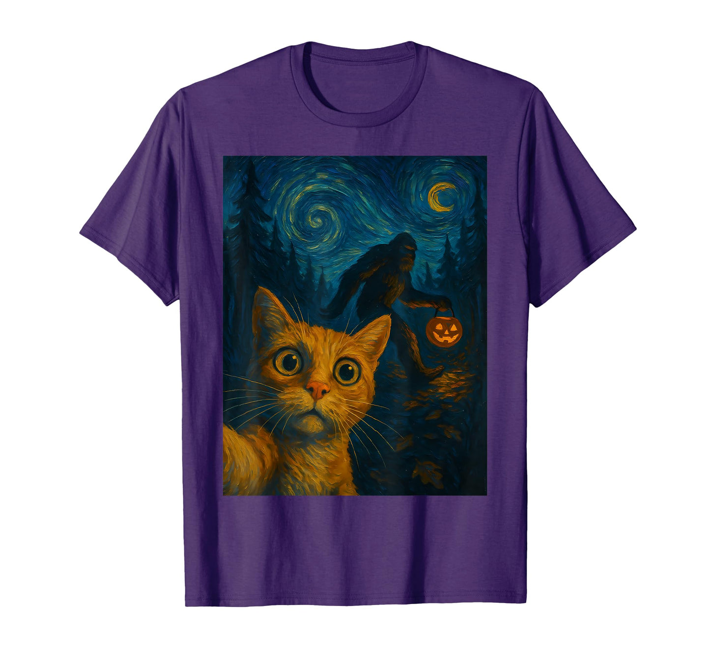 Cat Selfie Bigfoot Halloween Sasquatch Van Gogh Starry Night T-Shirt