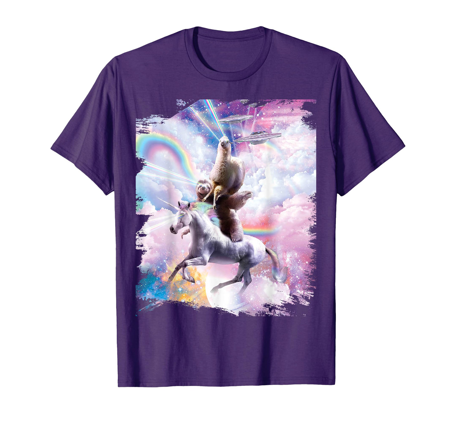 Laser Eyes Space Llama on Sloth Unicorn - Rainbow T-Shirt