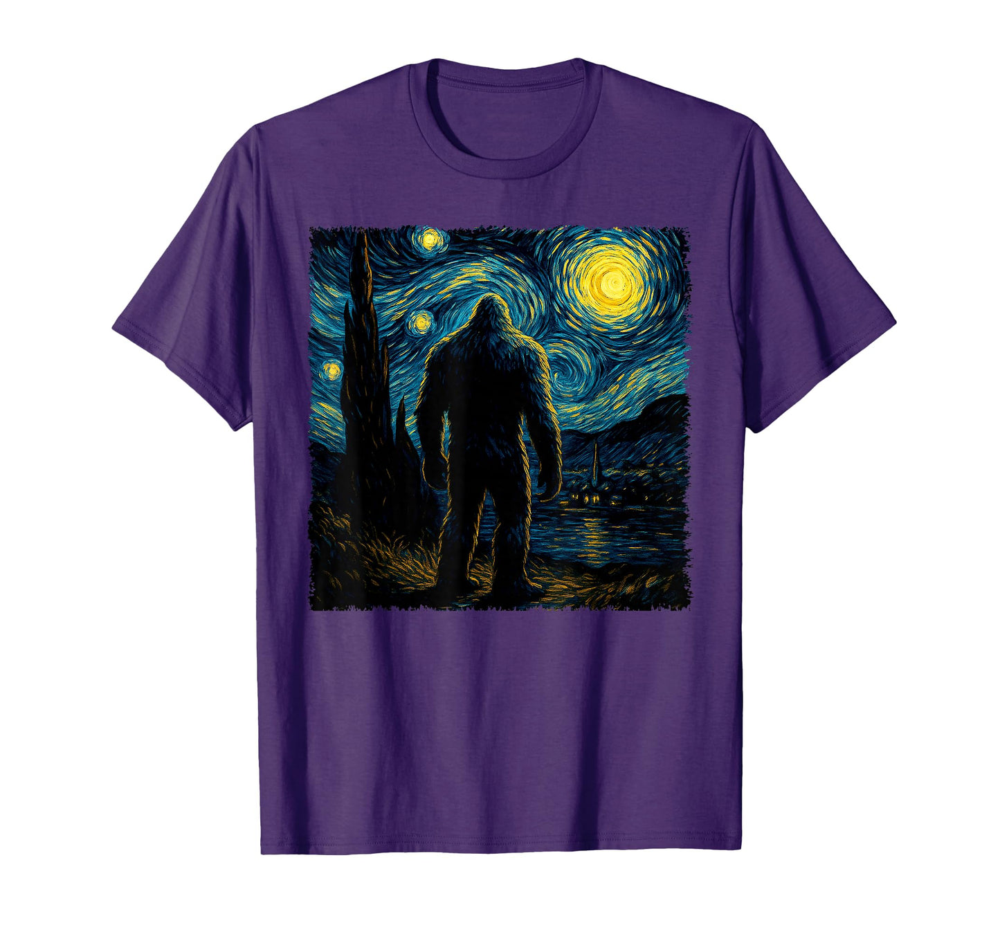 Bigfoot Starry Night Sasquatch Van Gogh Sky Painting Art T-Shirt