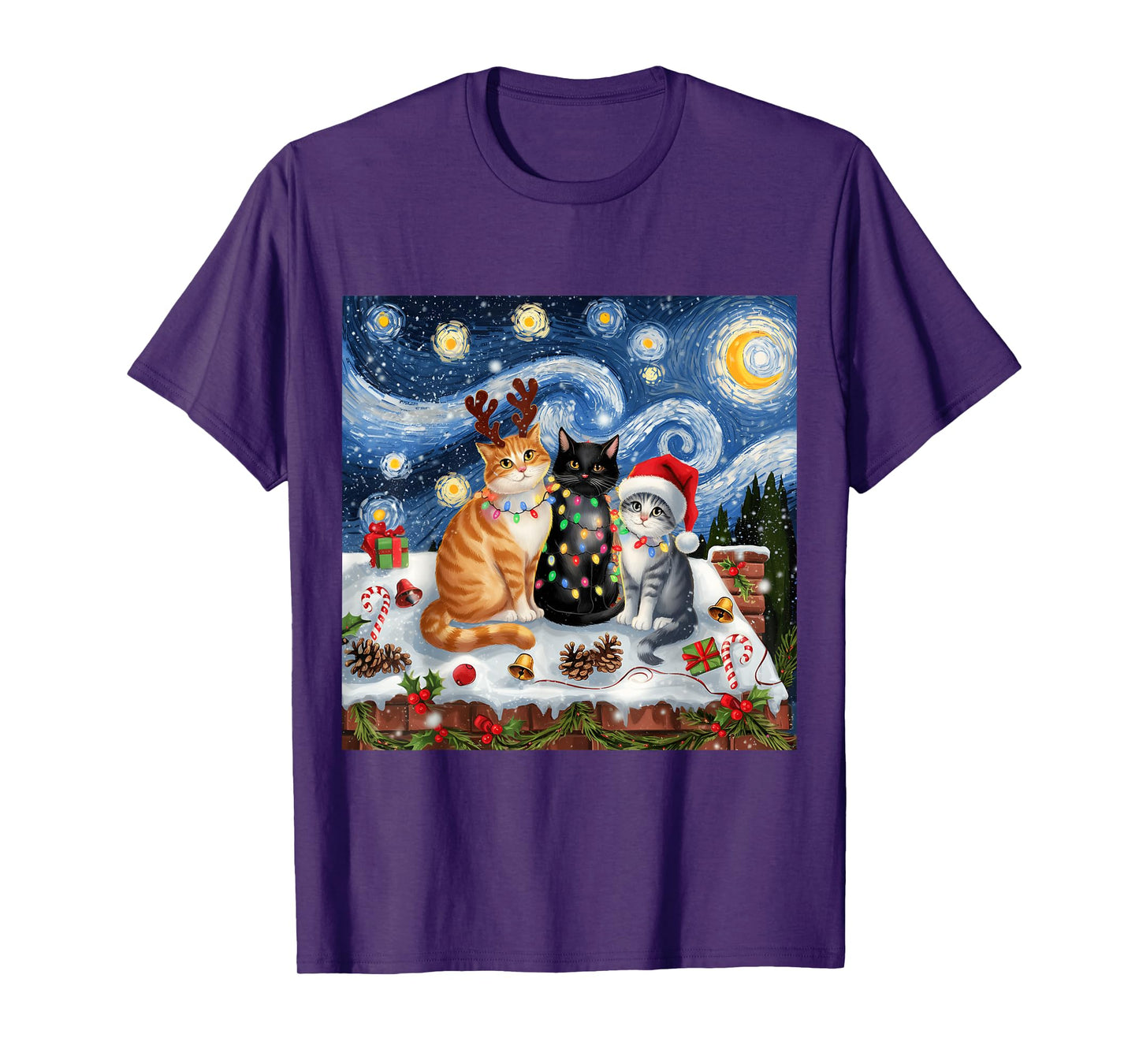 Christmas Van Gogh Starry Night Black Cat Santa Funny Xmas T-Shirt