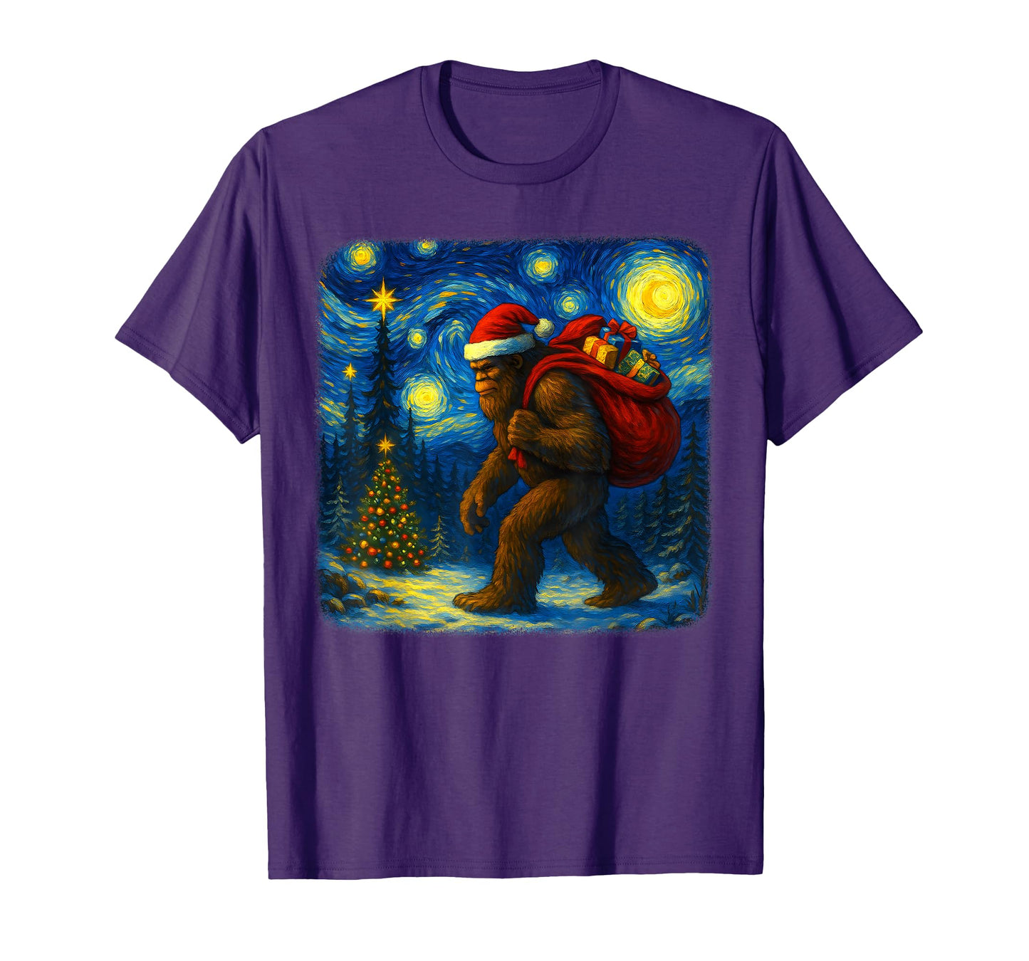 Bigfoot Santa Christmas Starry Night Sasquatch Van Gogh Art T-Shirt