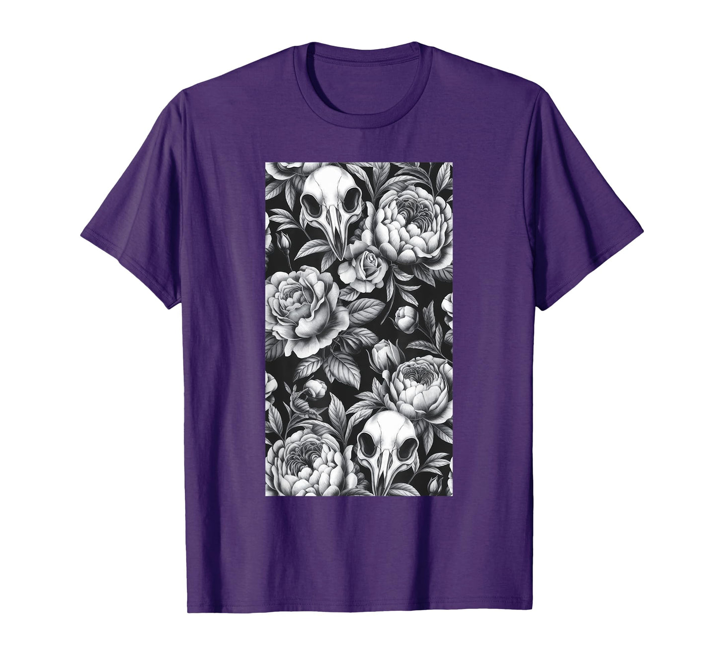 Skull Bird Baroque Vintage Flower Halloween Rose T-Shirt