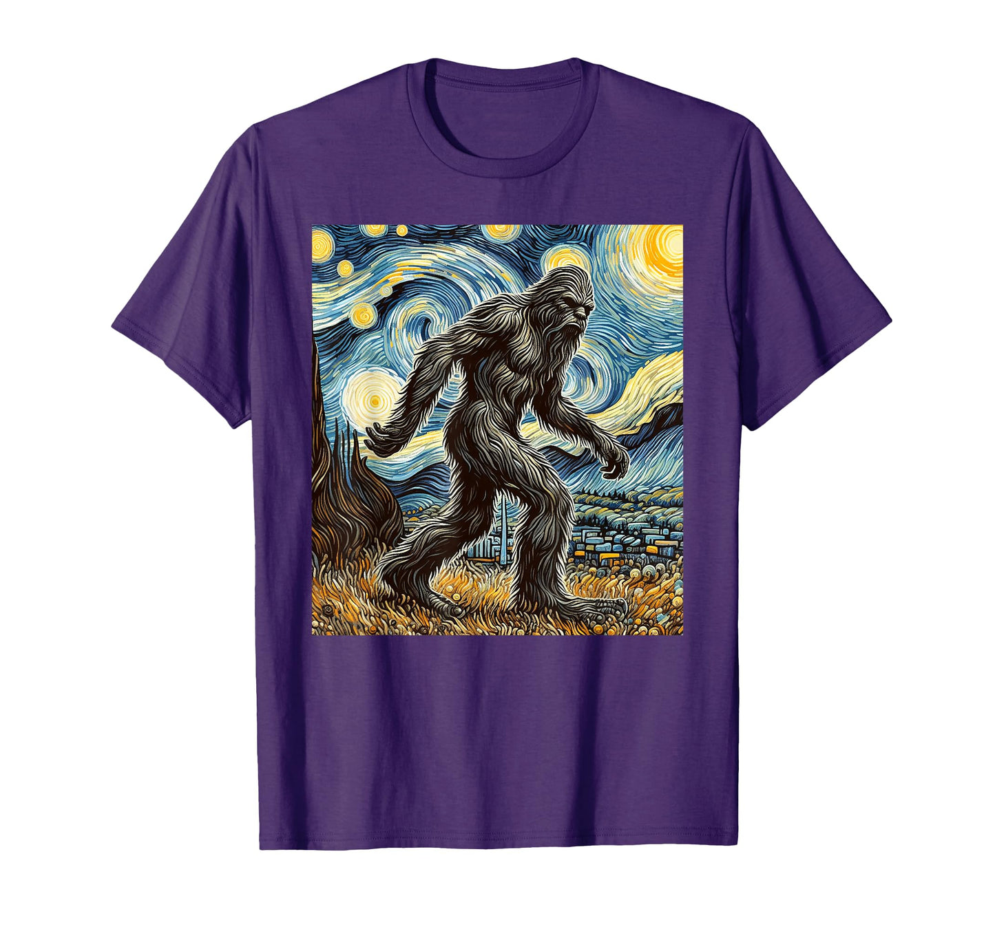 Funny Bigfoot Starry Night Sasquatch Van Gogh Sky Painting T-Shirt