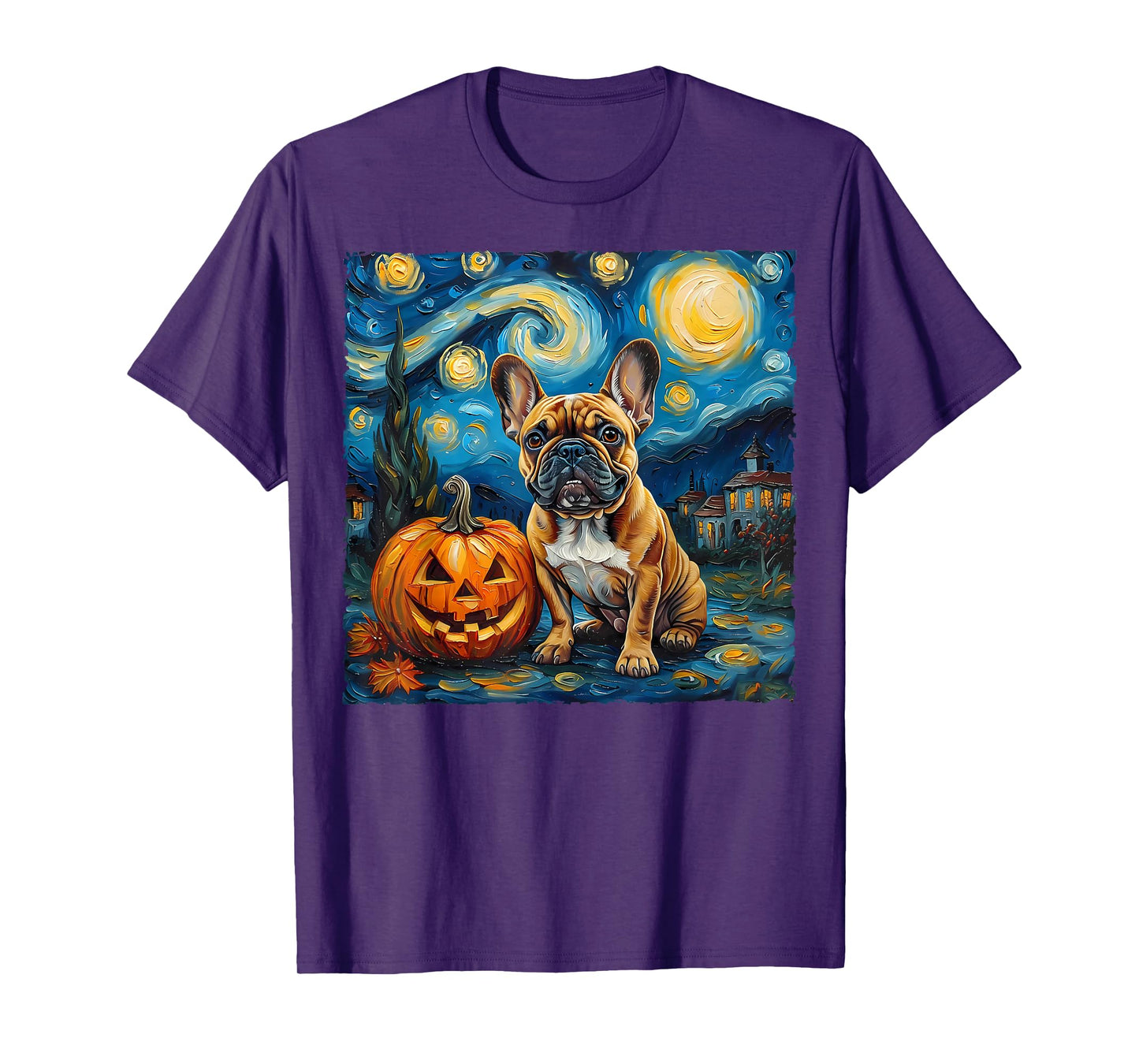 French Bulldog Pumpkin Starry Night Style Autumn Halloween T-Shirt
