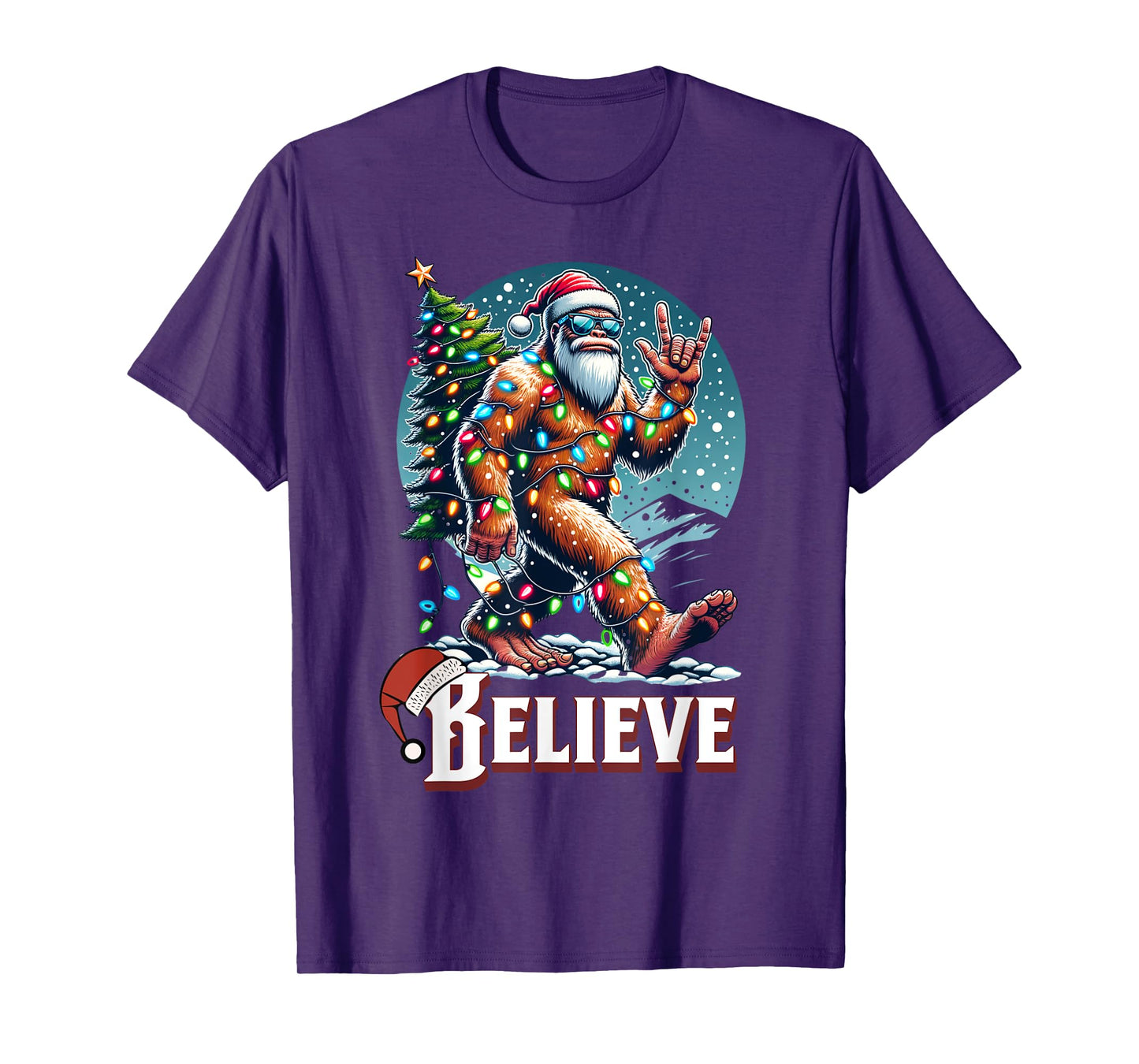 Santa Bigfoot Christmas Lights Funny Sasquatch Believe Xmas T-Shirt