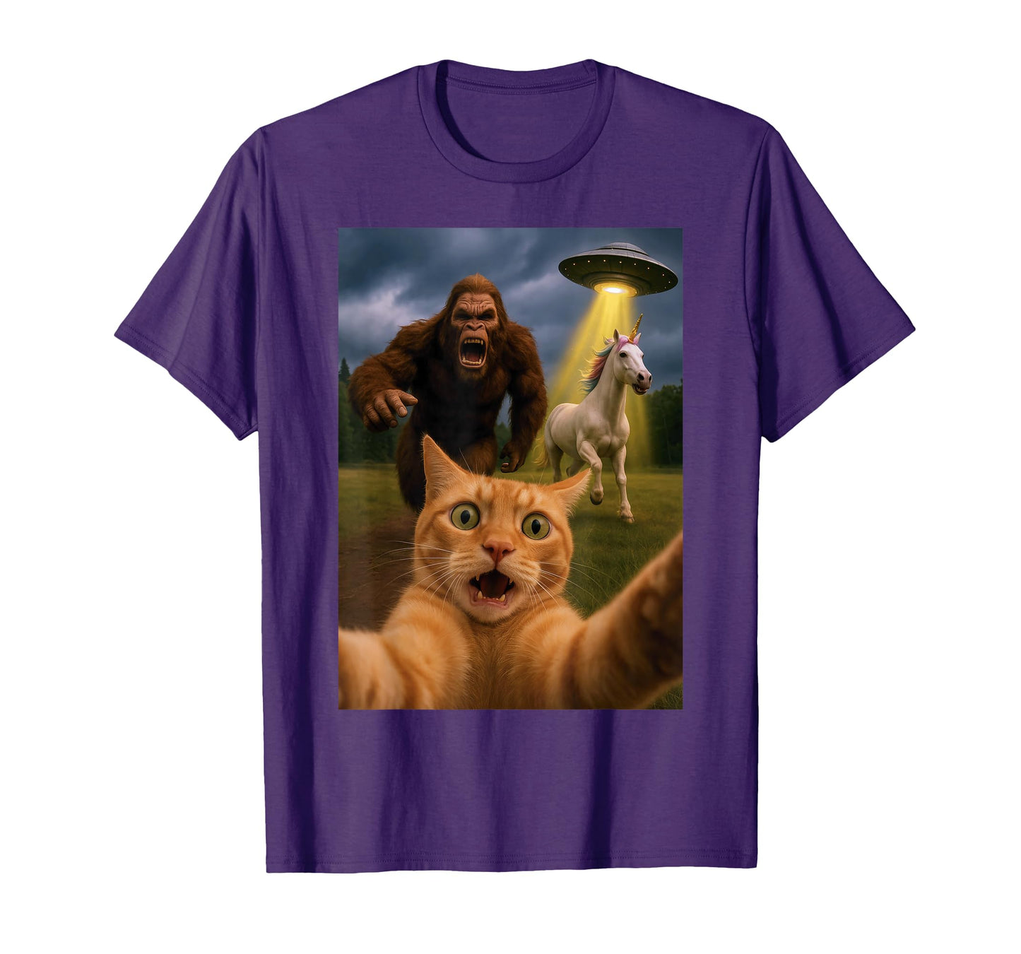 Funny Graphic Tee Cat Selfie with Bigfoot Unicorn UFO T-Shirt