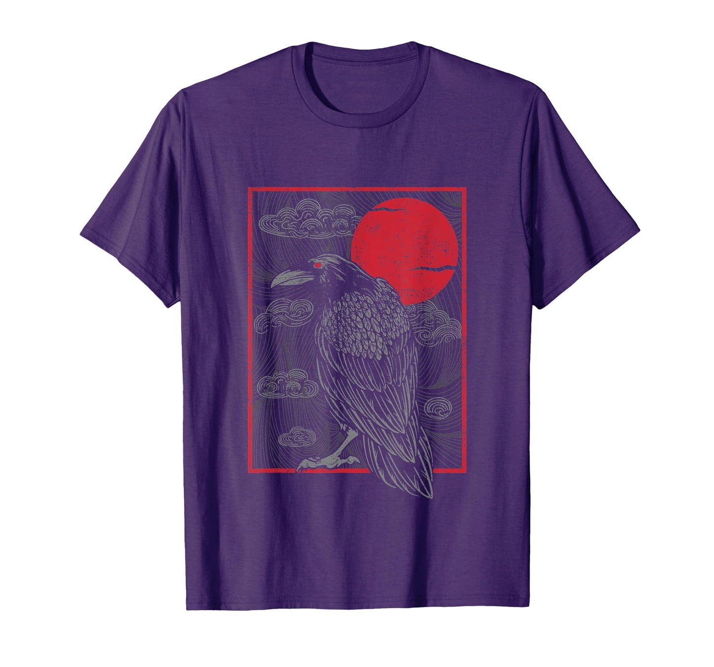 Japanese Red Moon Raven Gothic Style Black Crow Graphic T-Shirt