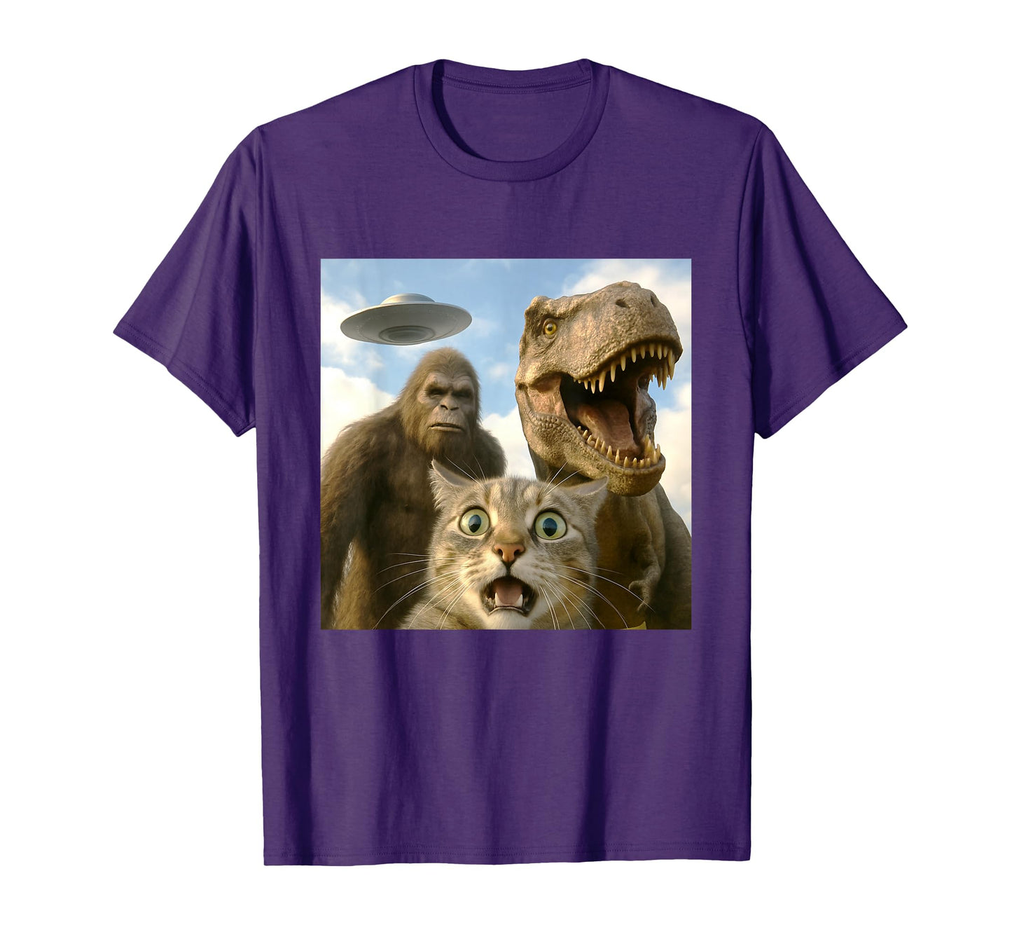 Funny Cat Selfie with Bigfoot Dinosaur UFO for Men Women T-Shirt