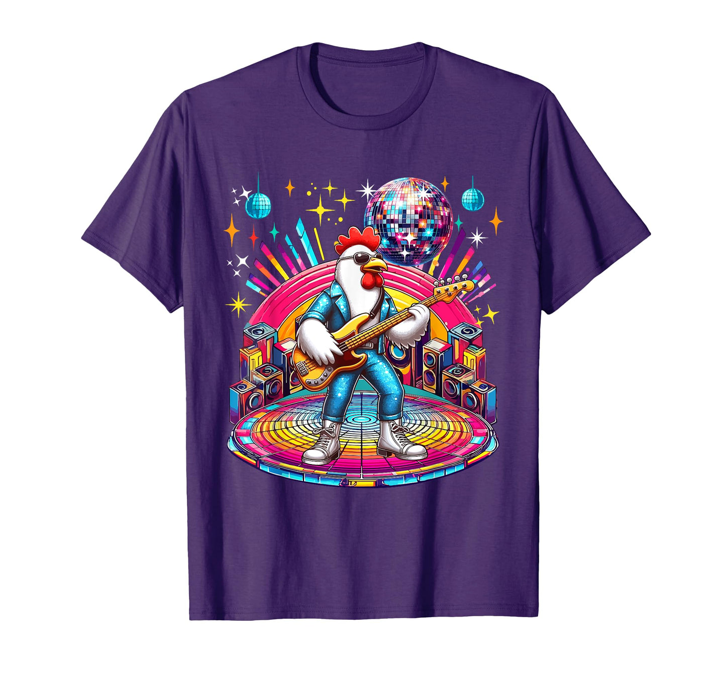 Chicken Sunglasses Playing Guitar Colorful Costume Disco T-Shirt