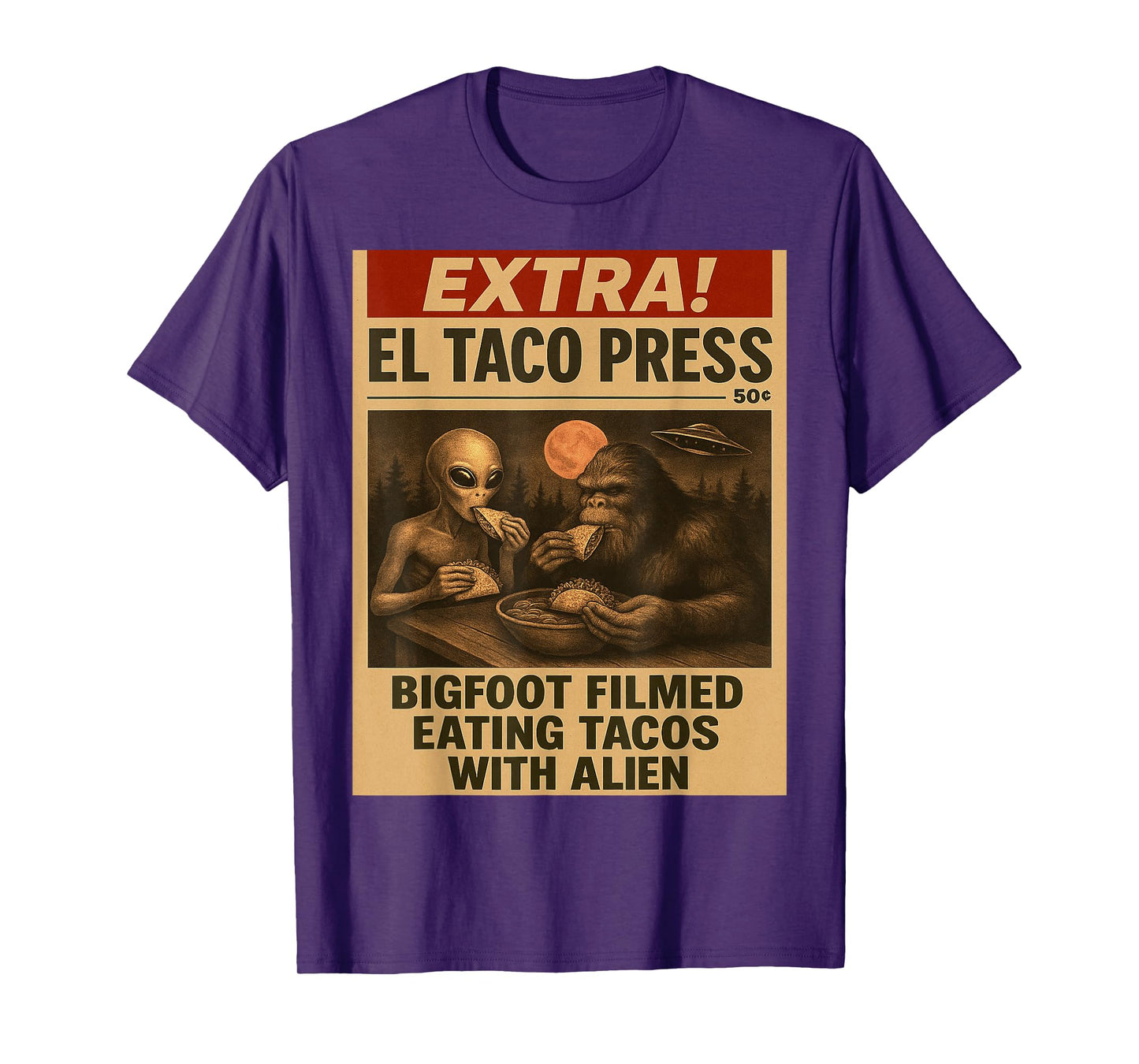 Bigfoot and Alien Eating Tacos Funny Vintage Newspaper UFO T-Shirt
