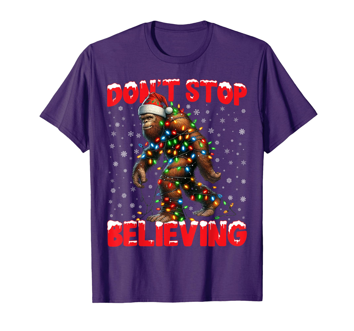 Christmas Bigfoot Don't Stop Believing Santa Hat Lights Tees T-Shirt