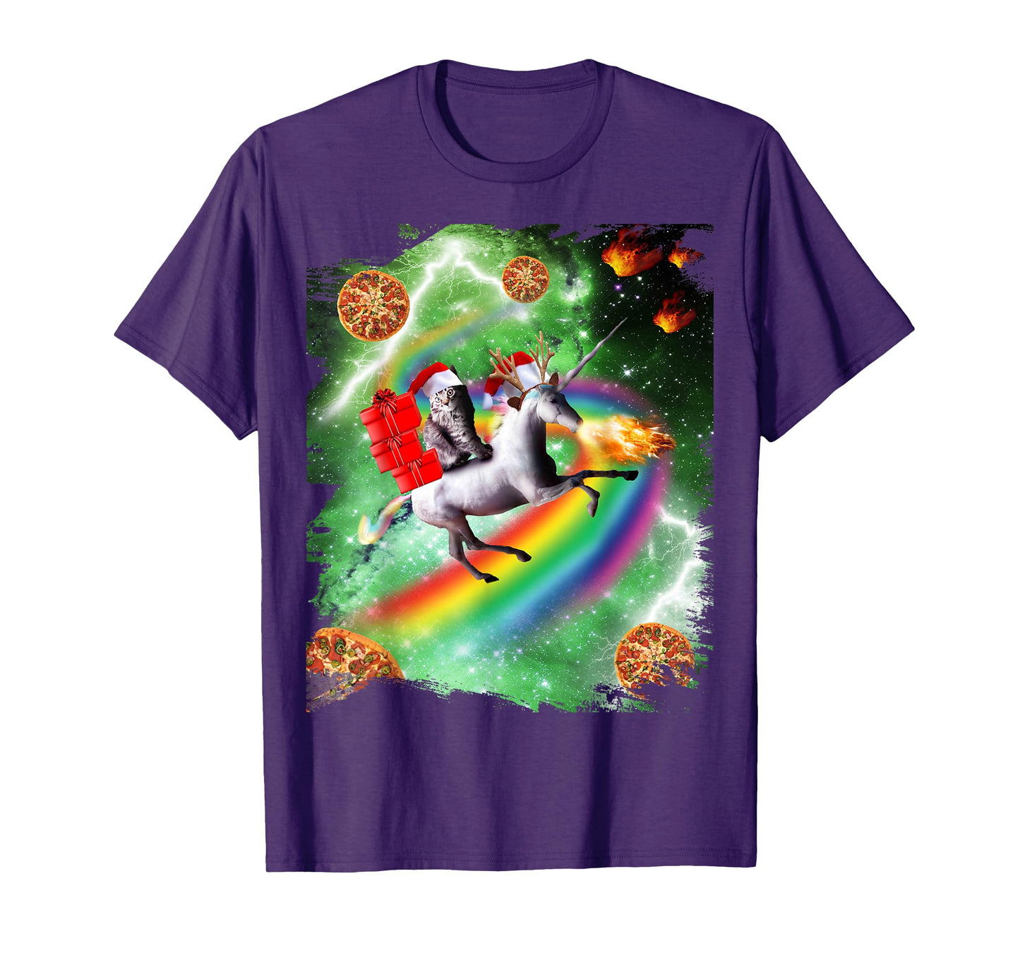 Christmas Cat Santa Riding Unicorn, Space Pizza Funny T-Shirt for Men Women Kids