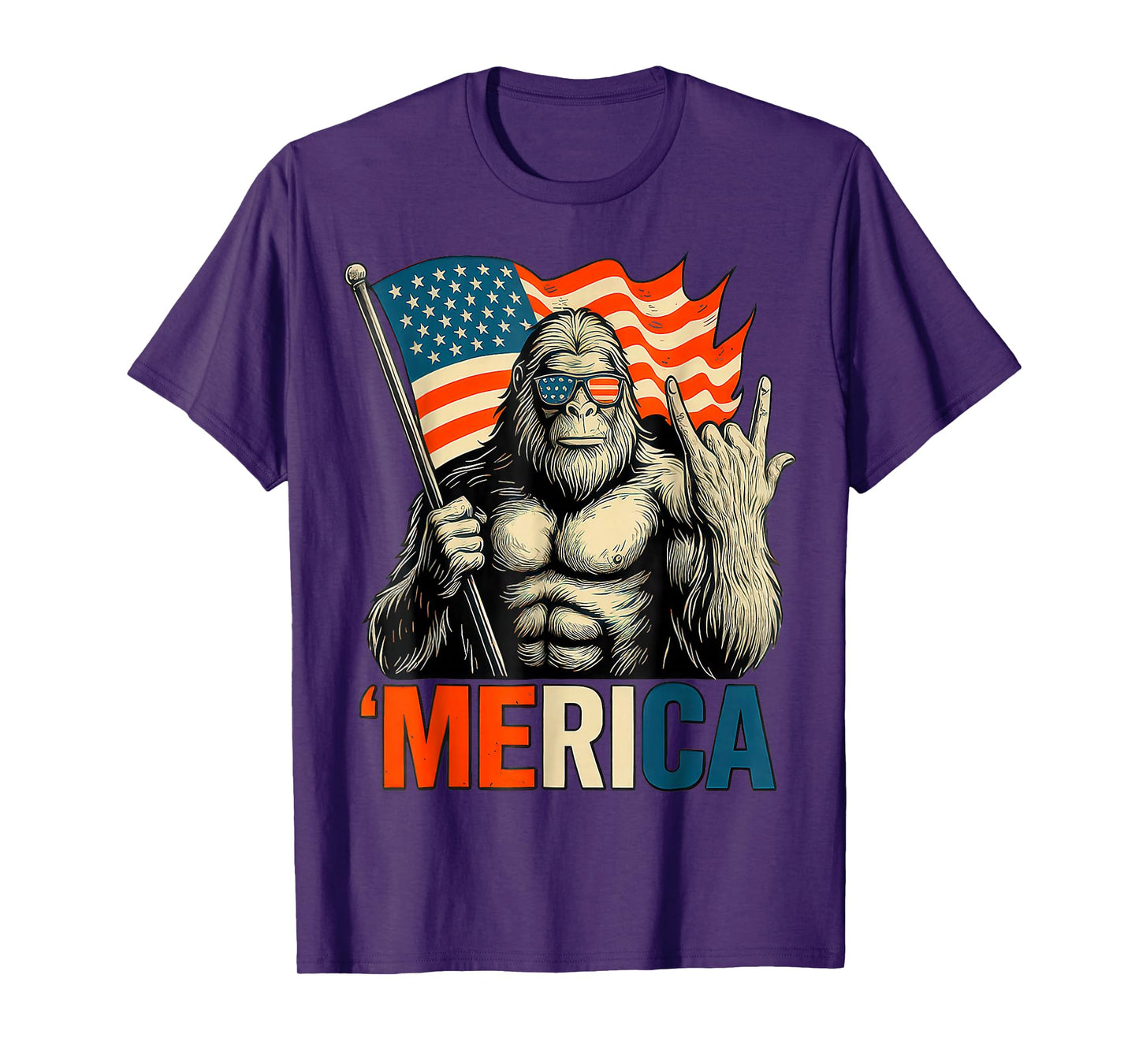 Bigfoot Merica Rock Patriotic American Flag 4th Of July T-Shirt