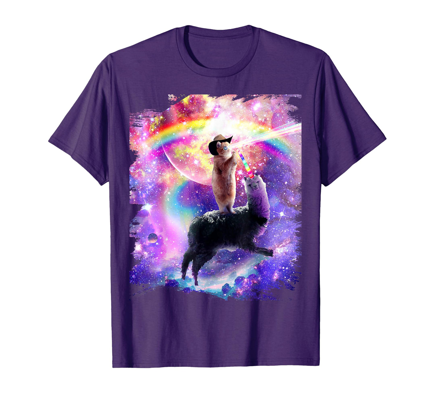 Laser Galaxy Space Cat on Rainbow Llama Unicorn T-Shirt for Men Women Girls Kids