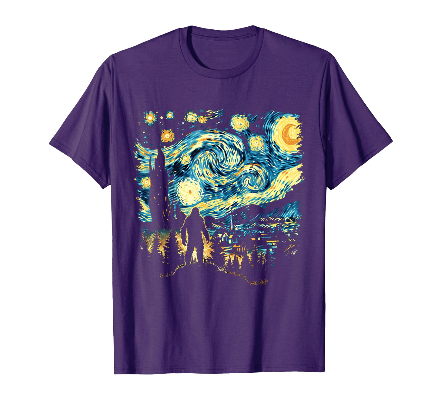 Funny Bigfoot Starry Night Sasquatch Van Gogh Sky Painting T-Shirt