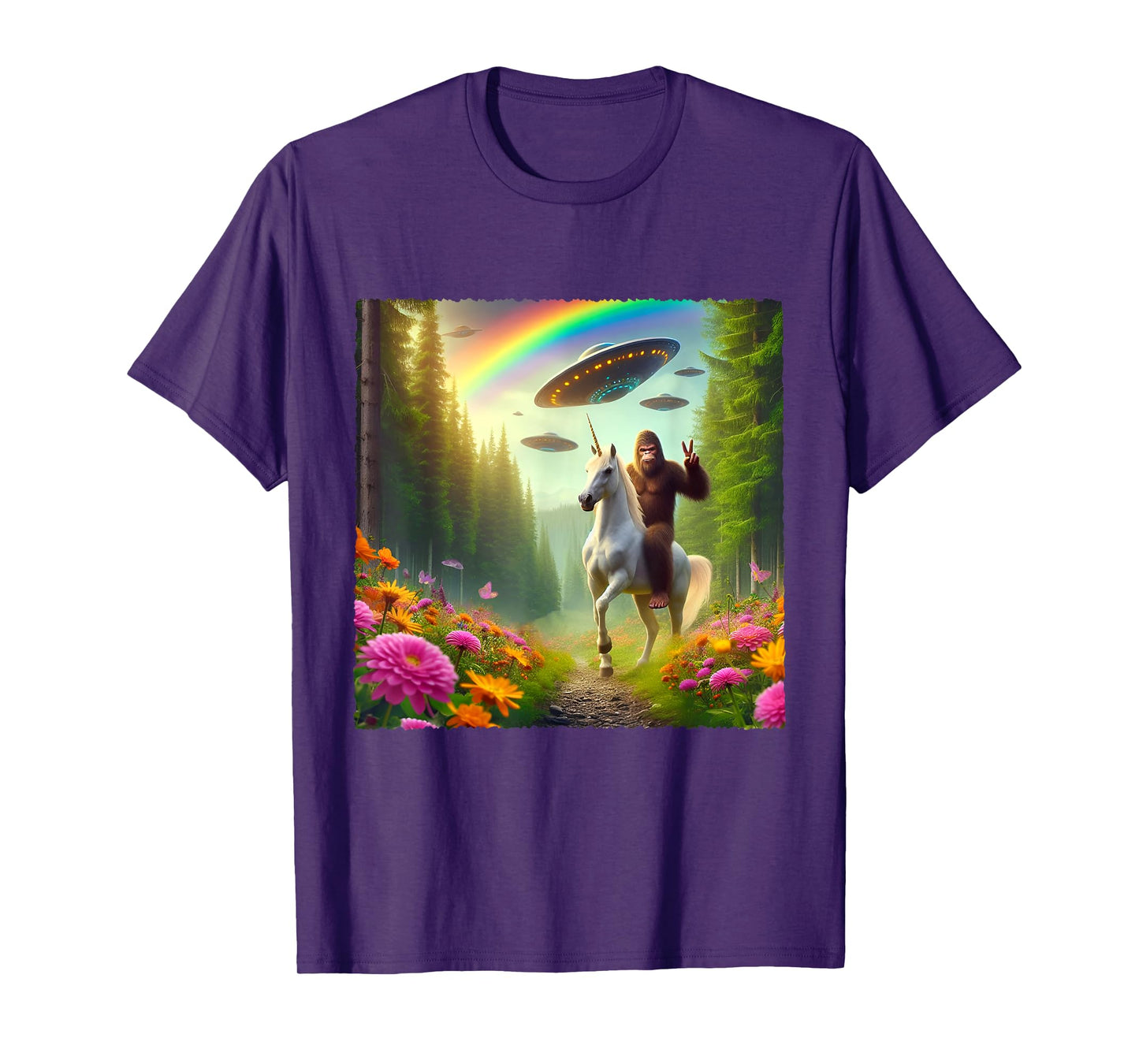 Bigfoot Riding Unicorn Bigfoot Selfie with UFOs Weird Selfie T-Shirt