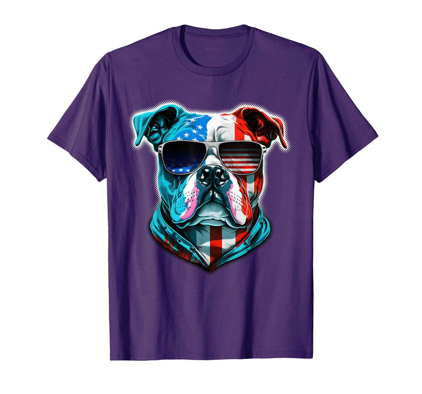 Bulldog Dog Red White Blue American Flag Sunglasses T-Shirt for Women Kids Men