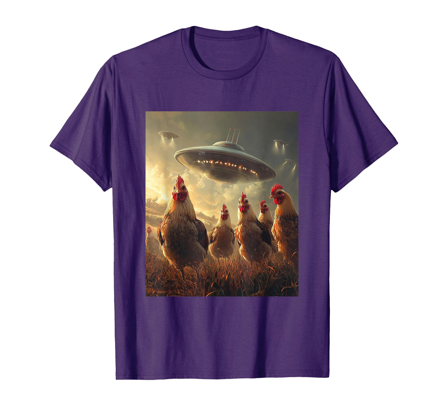 Chicken Selfie with UFOs Aliens Funny Graphic T-Shirt
