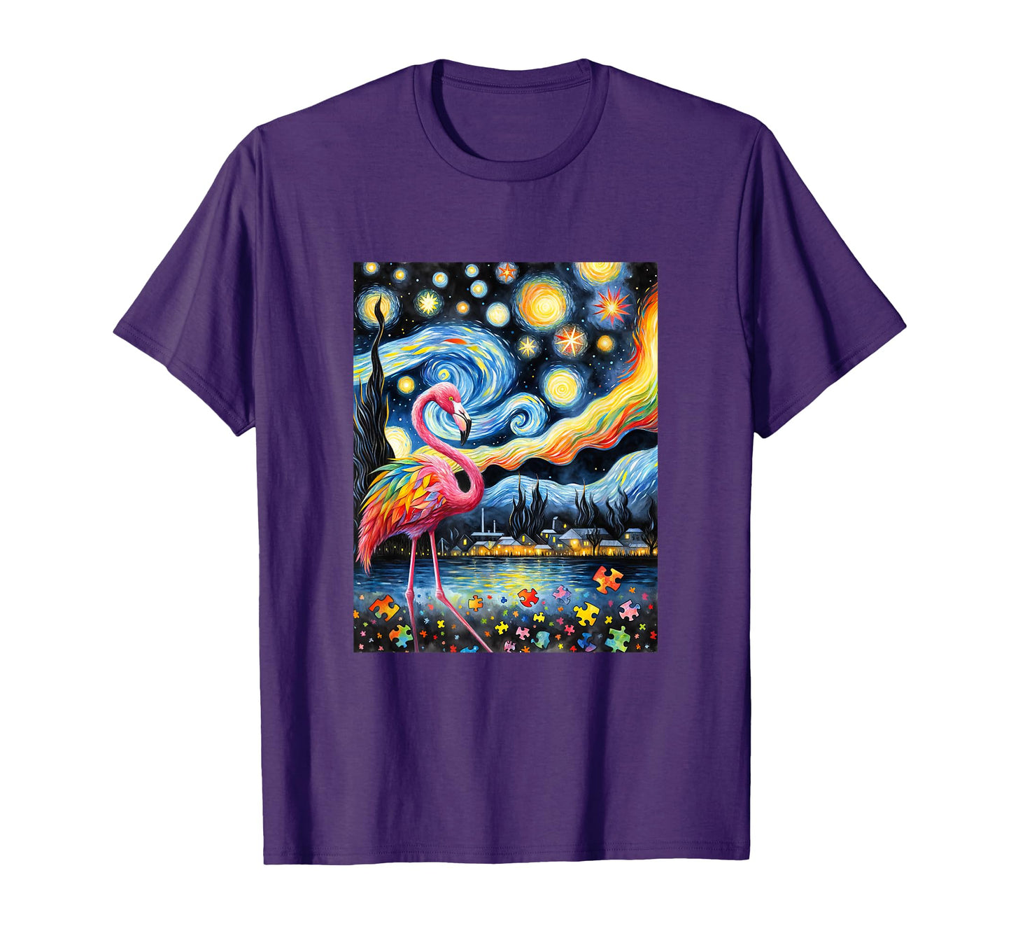 Flamingo Autism Awareness Starry Night Van Gogh T-Shirt