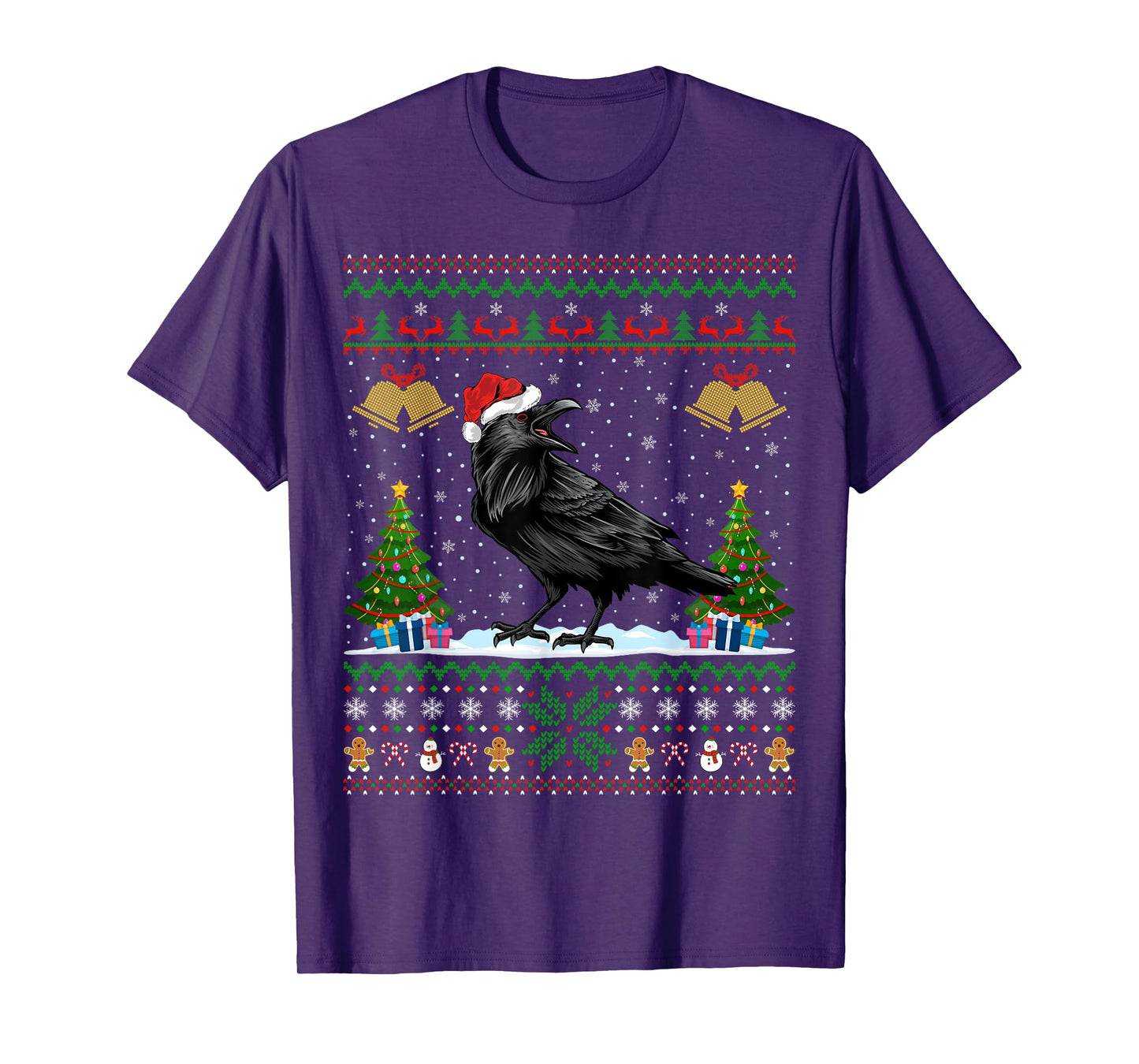 Santa Hat Raven Bird Xmas Lighting Ugly Raven Christmas T-Shirt