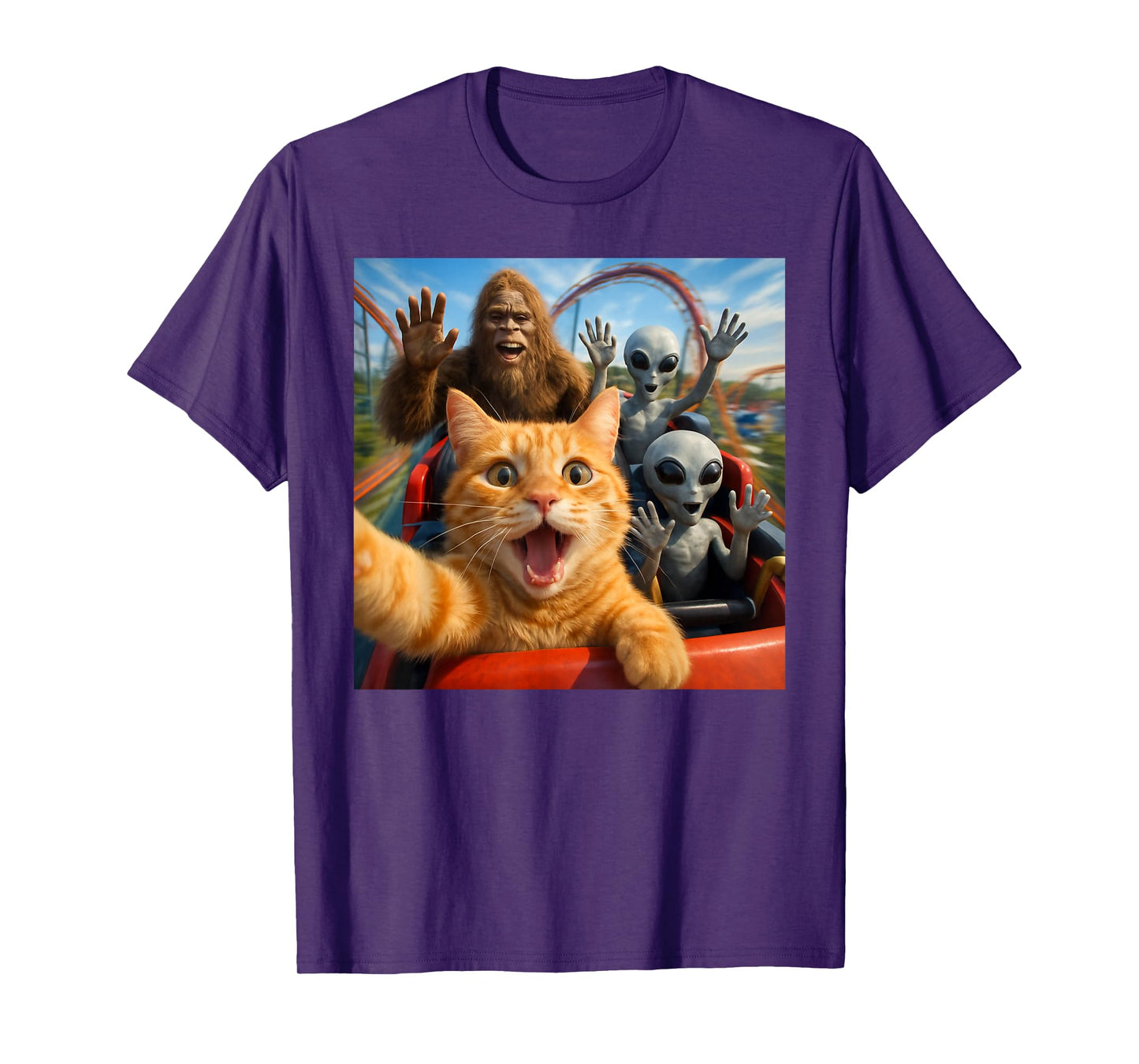 Funny Cat Selfie with Big Foot & Alien Roller Coaster Meme T-Shirt