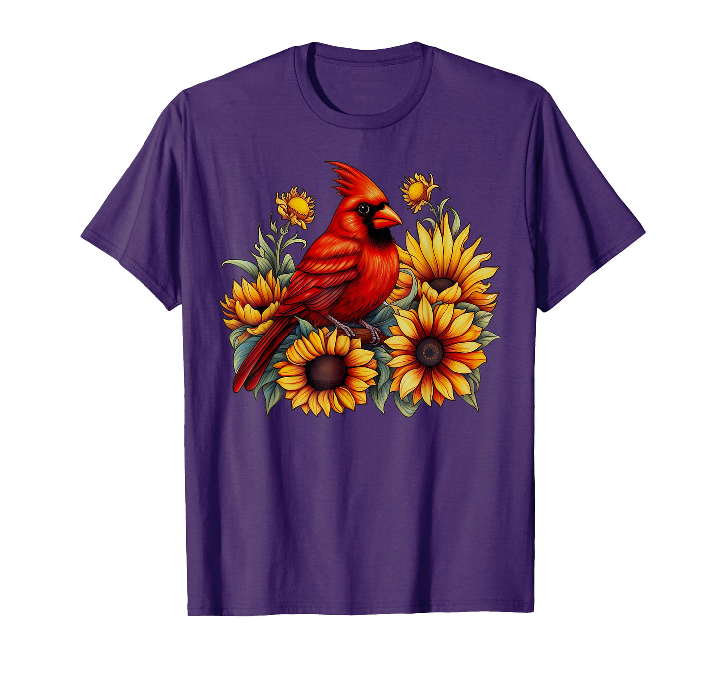 Red Cardinal Bird Sunflower Floral Nature Bird Watching T-Shirt
