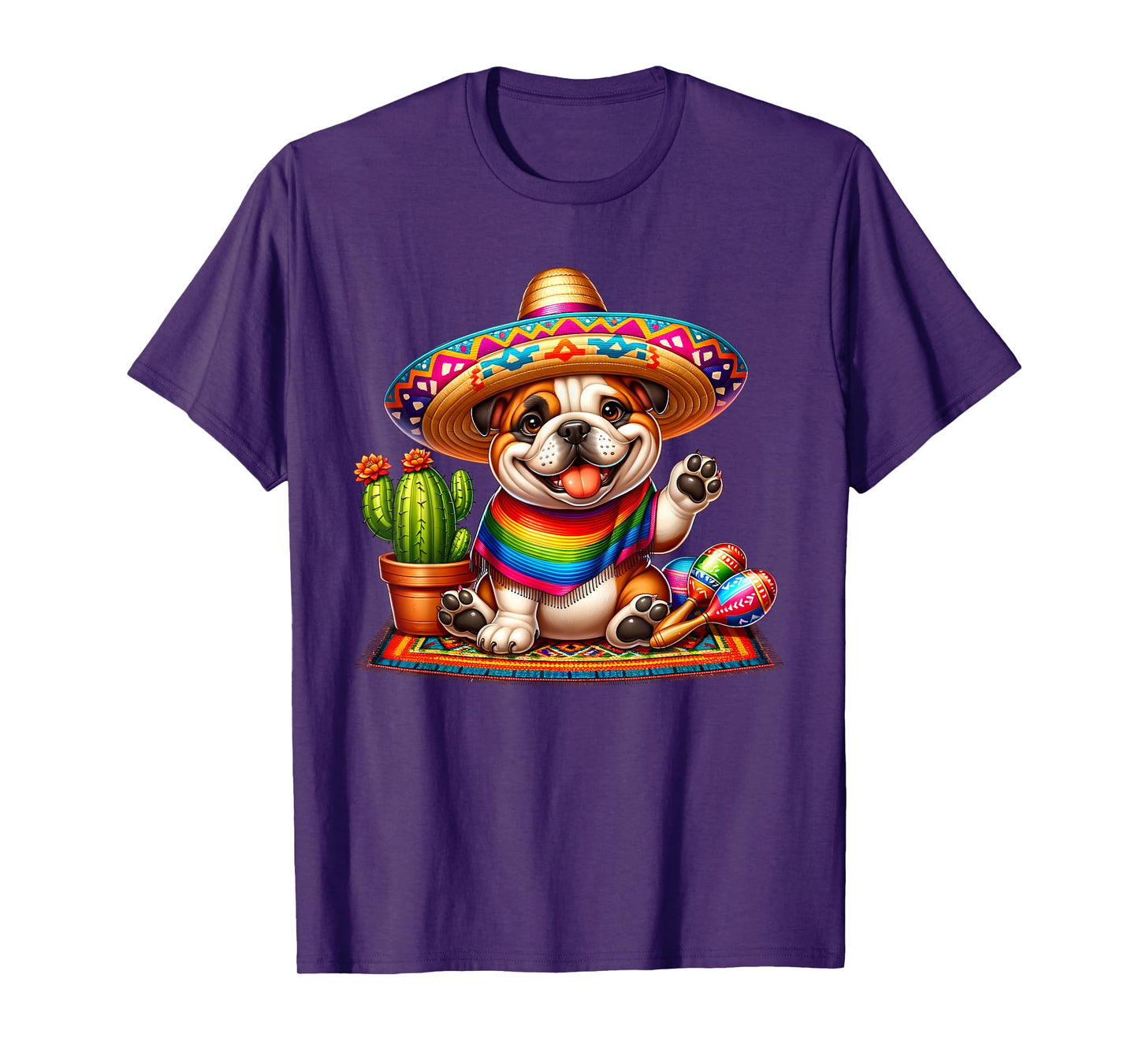 Funny Cute Bulldog Saying Hi Cinco De Mayo Sombrero Maracas T-Shirt for Men Women Kids