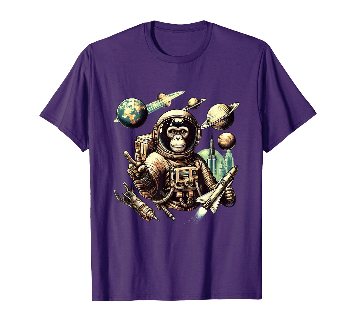 Space Vintage Travel Astronaut Monkey Holding Spaceship T-Shirt